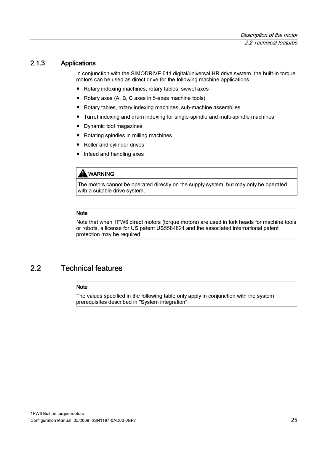 Siemens 611 configurationmanual Applications, Description of the motor 2.2 Technical features 