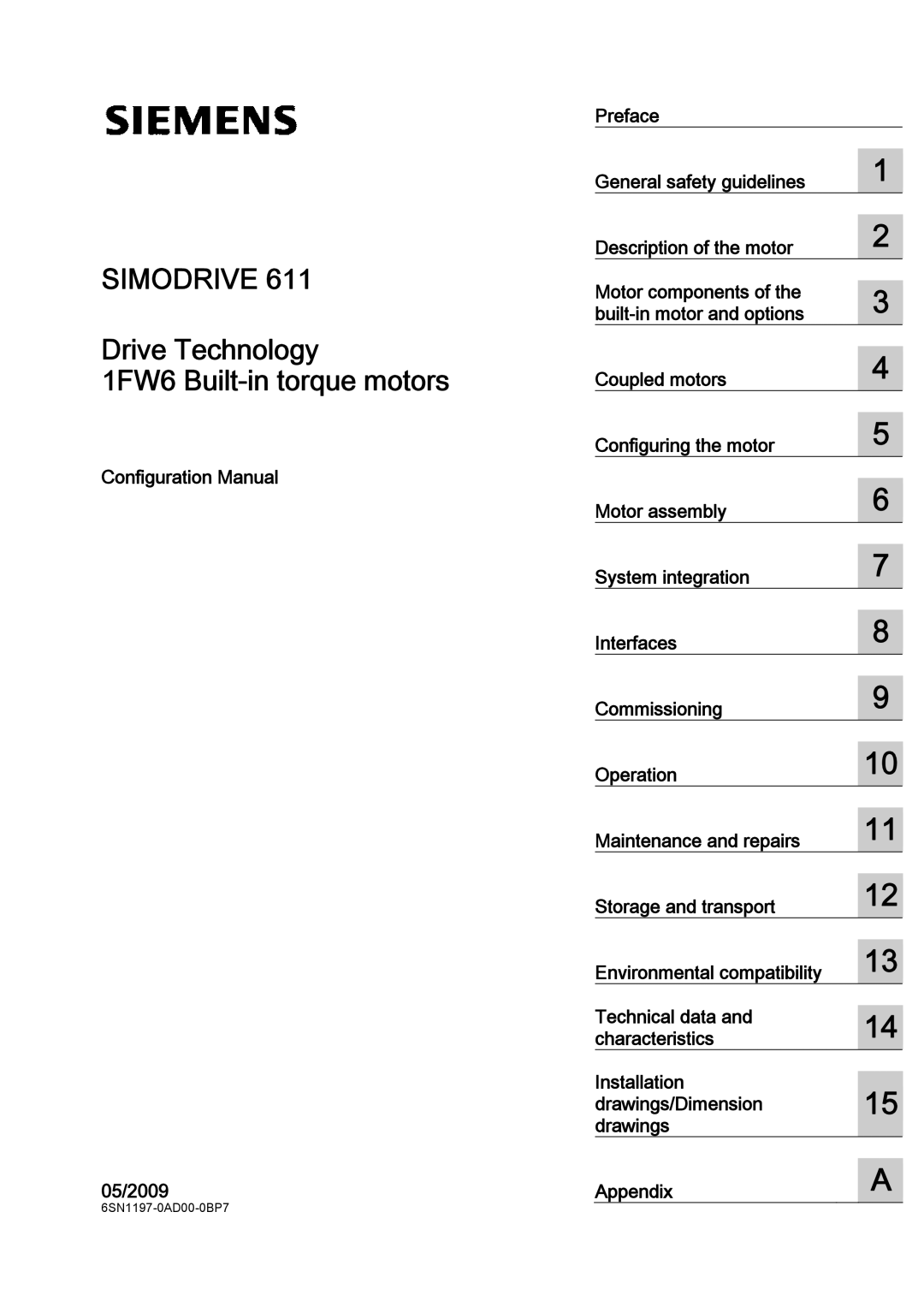 Siemens 611 configurationmanual Drive Technology 1FW6 Built-in torque motors, Configuration Manual 05/2009 