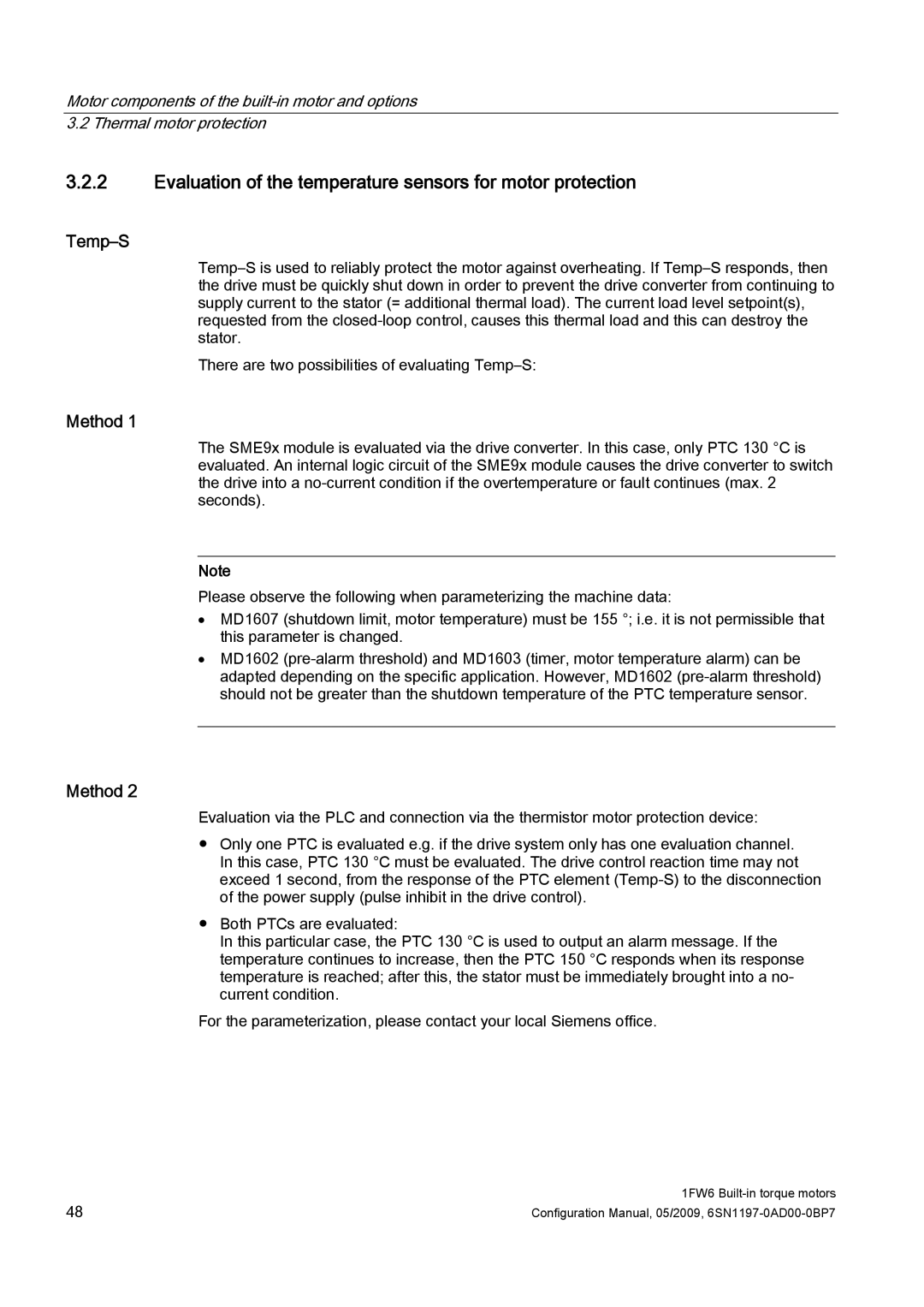 Siemens 611 configurationmanual Evaluation of the temperature sensors for motor protection, Method 