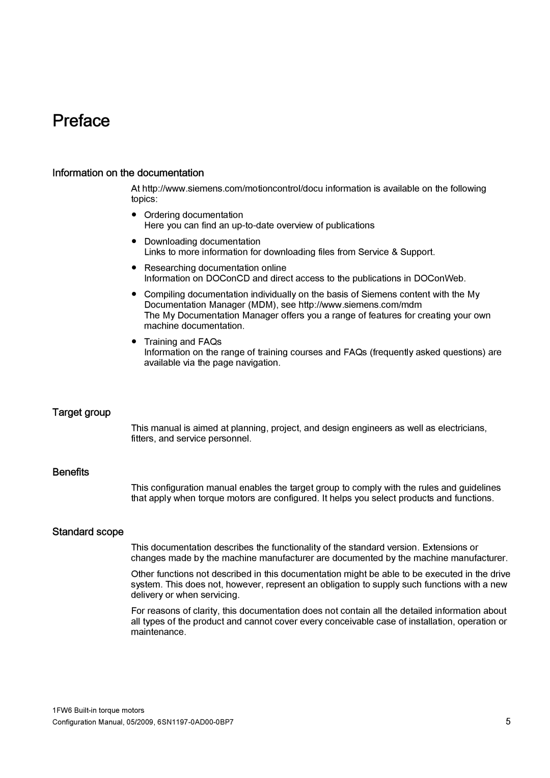 Siemens 611 configurationmanual Preface, Information on the documentation, Target group, Benefits, Standard scope 