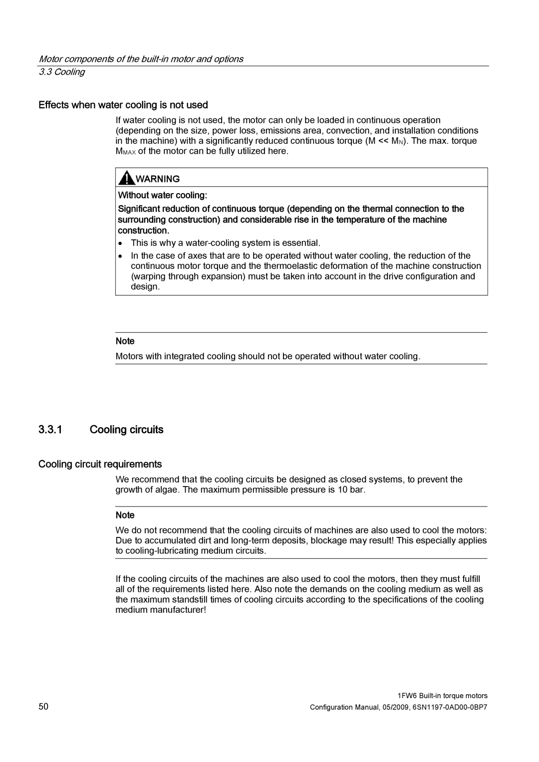 Siemens 611 configurationmanual Cooling circuits, Effects when water cooling is not used, Cooling circuit requirements 