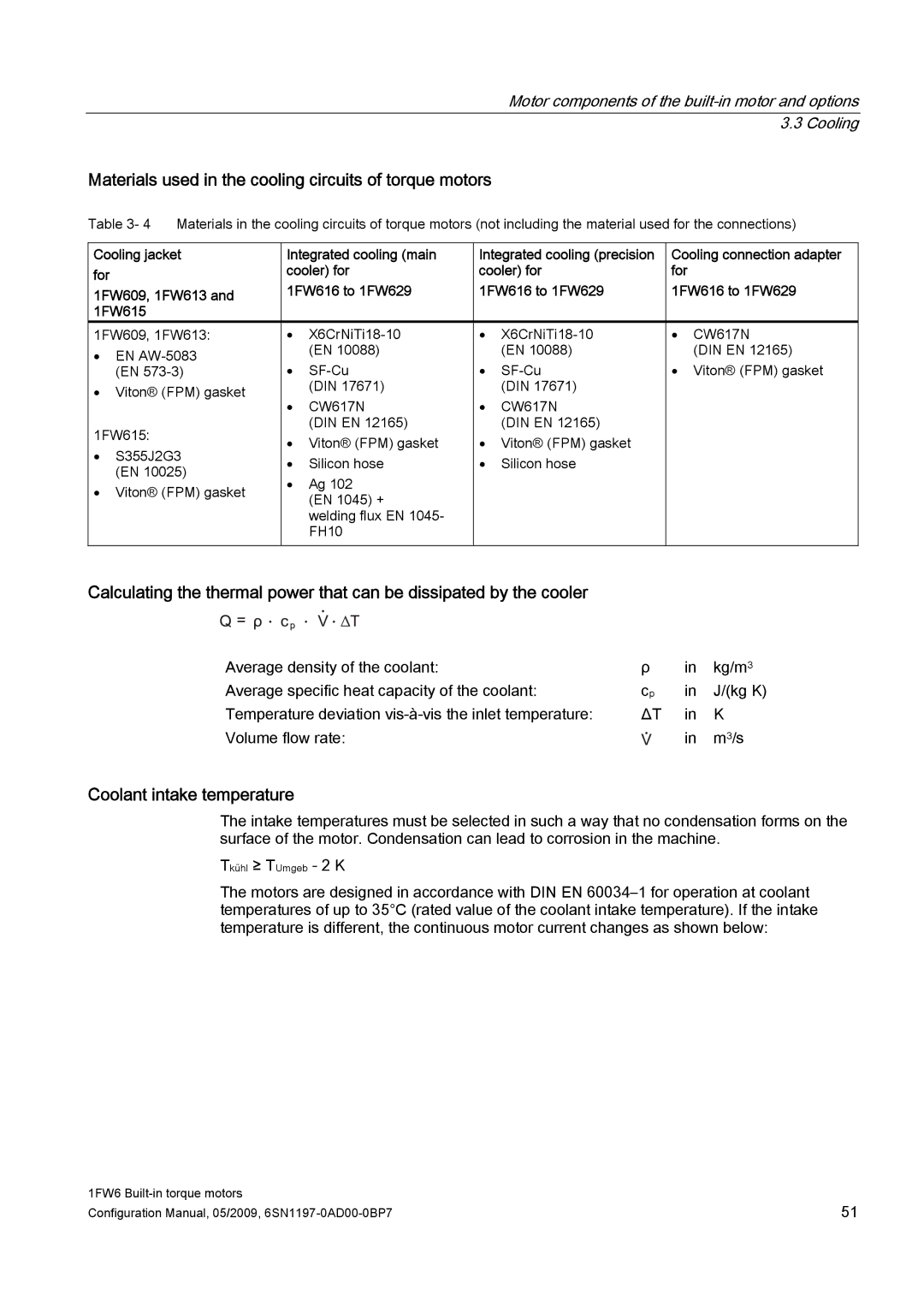 Siemens 611 configurationmanual Materials used in the cooling circuits of torque motors, Coolant intake temperature 