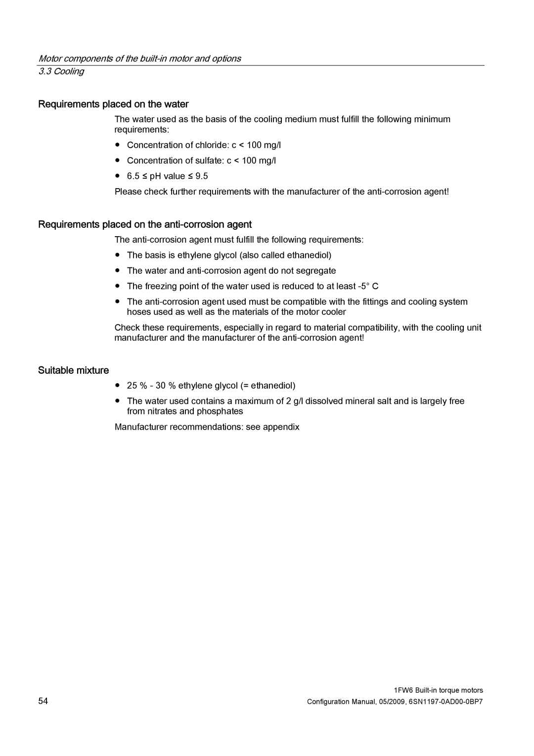 Siemens 611 Requirements placed on the water, Requirements placed on the anti-corrosion agent, Suitable mixture 