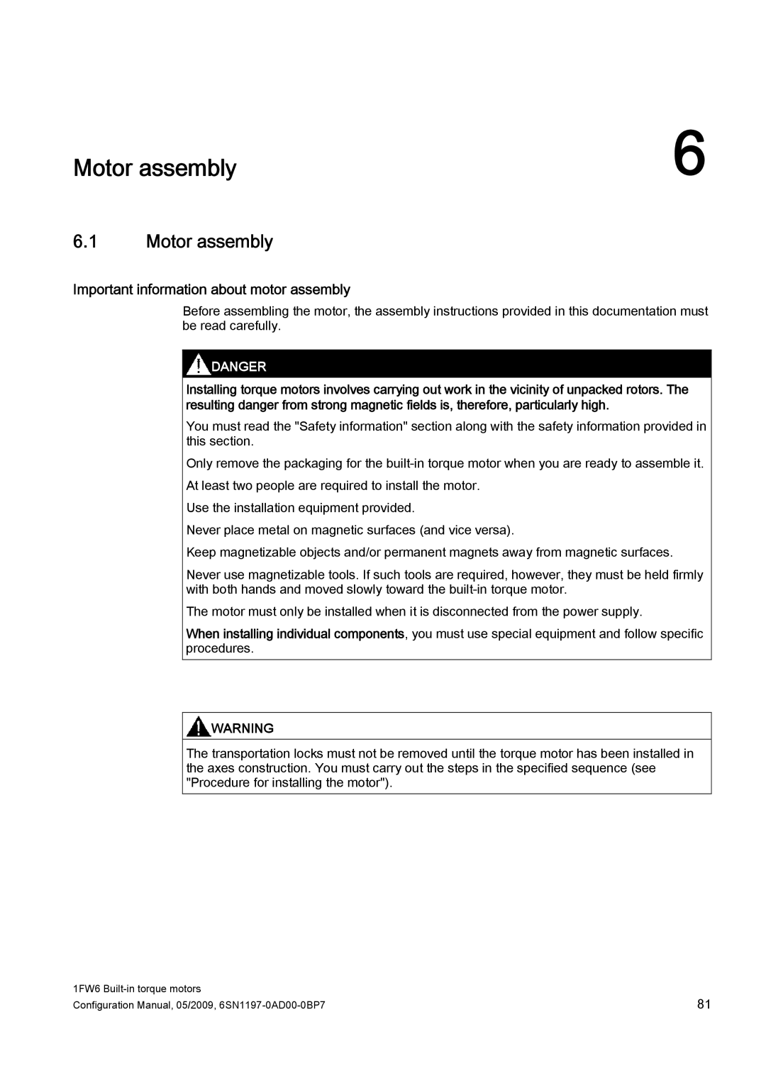 Siemens 611 configurationmanual Motor assembly, Important information about motor assembly 