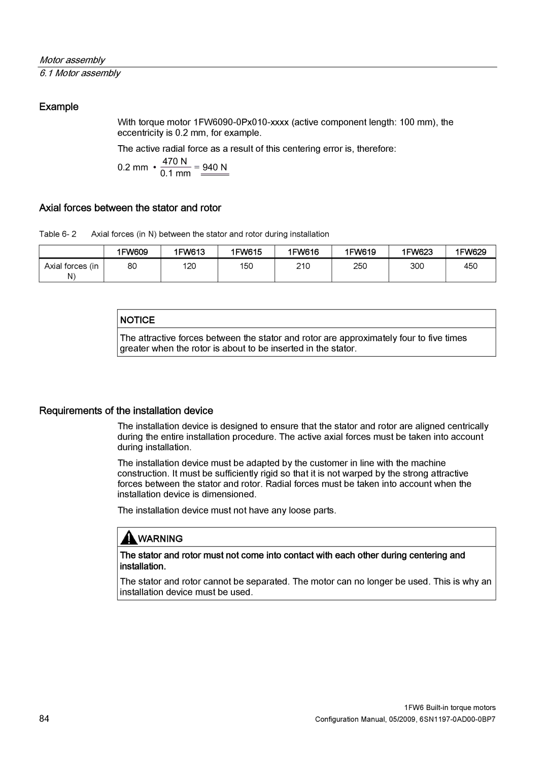 Siemens 611 configurationmanual Axial forces between the stator and rotor, Requirements of the installation device 