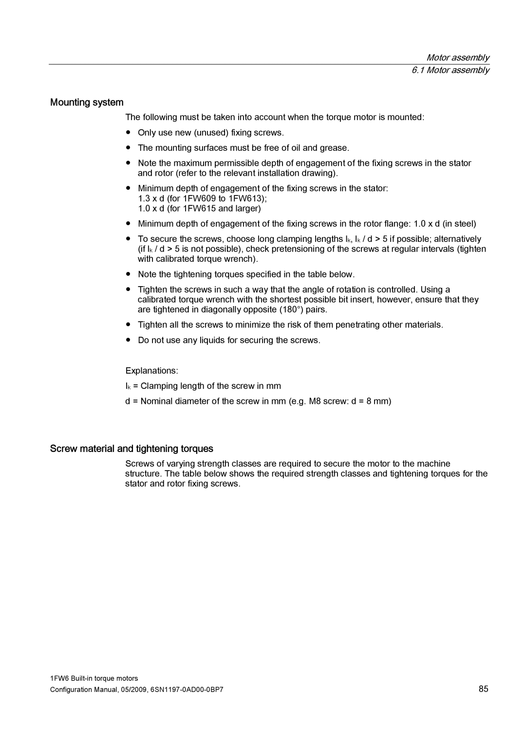 Siemens 611 configurationmanual Mounting system, Screw material and tightening torques 