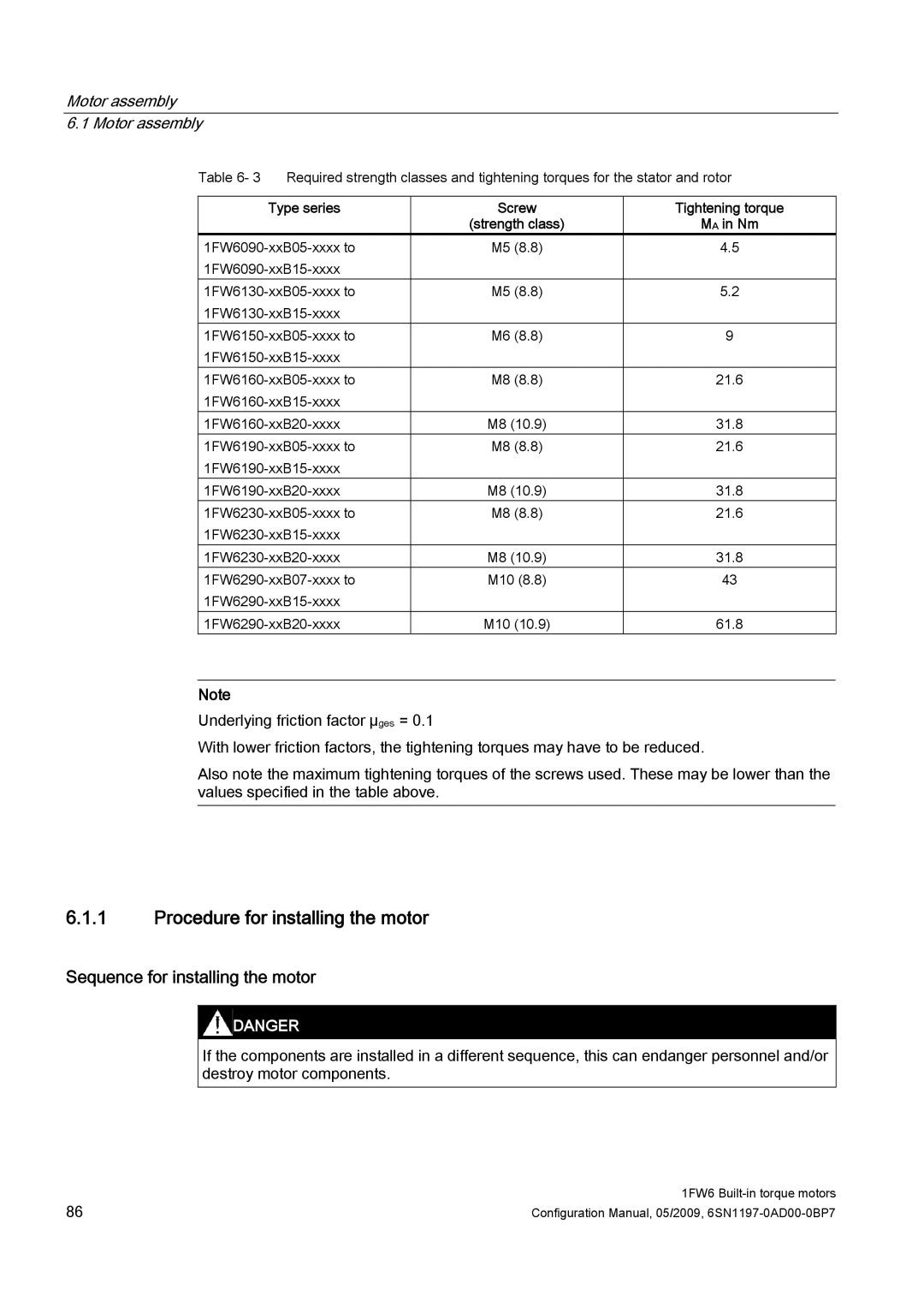 Siemens 611 Procedure for installing the motor, Sequence for installing the motor, Type series Screw Tightening torque 