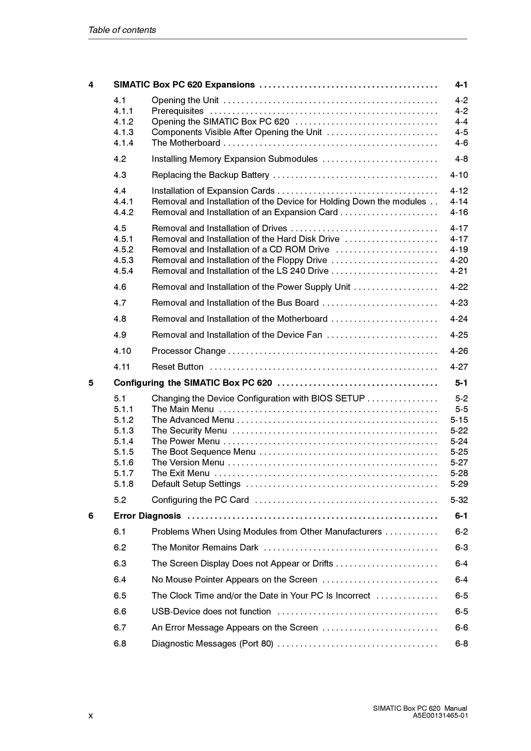 Siemens 620 appendix Table of contents 