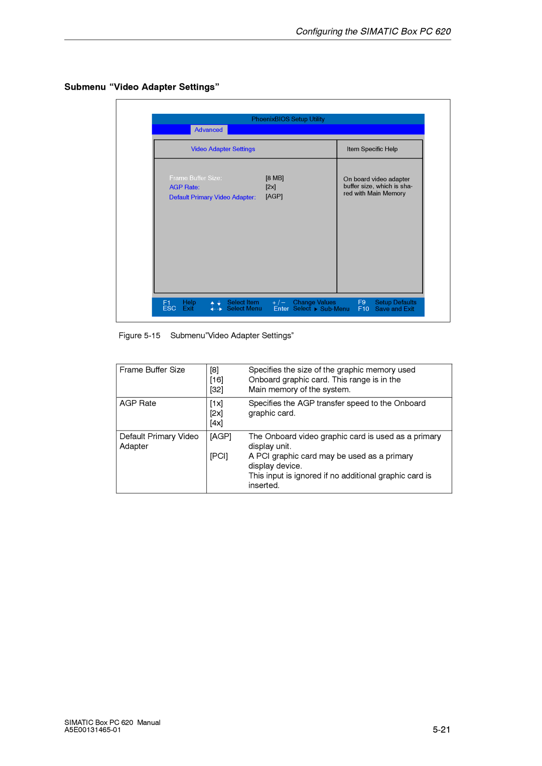 Siemens 620 appendix Submenu Video Adapter Settings, Agp, Pci 