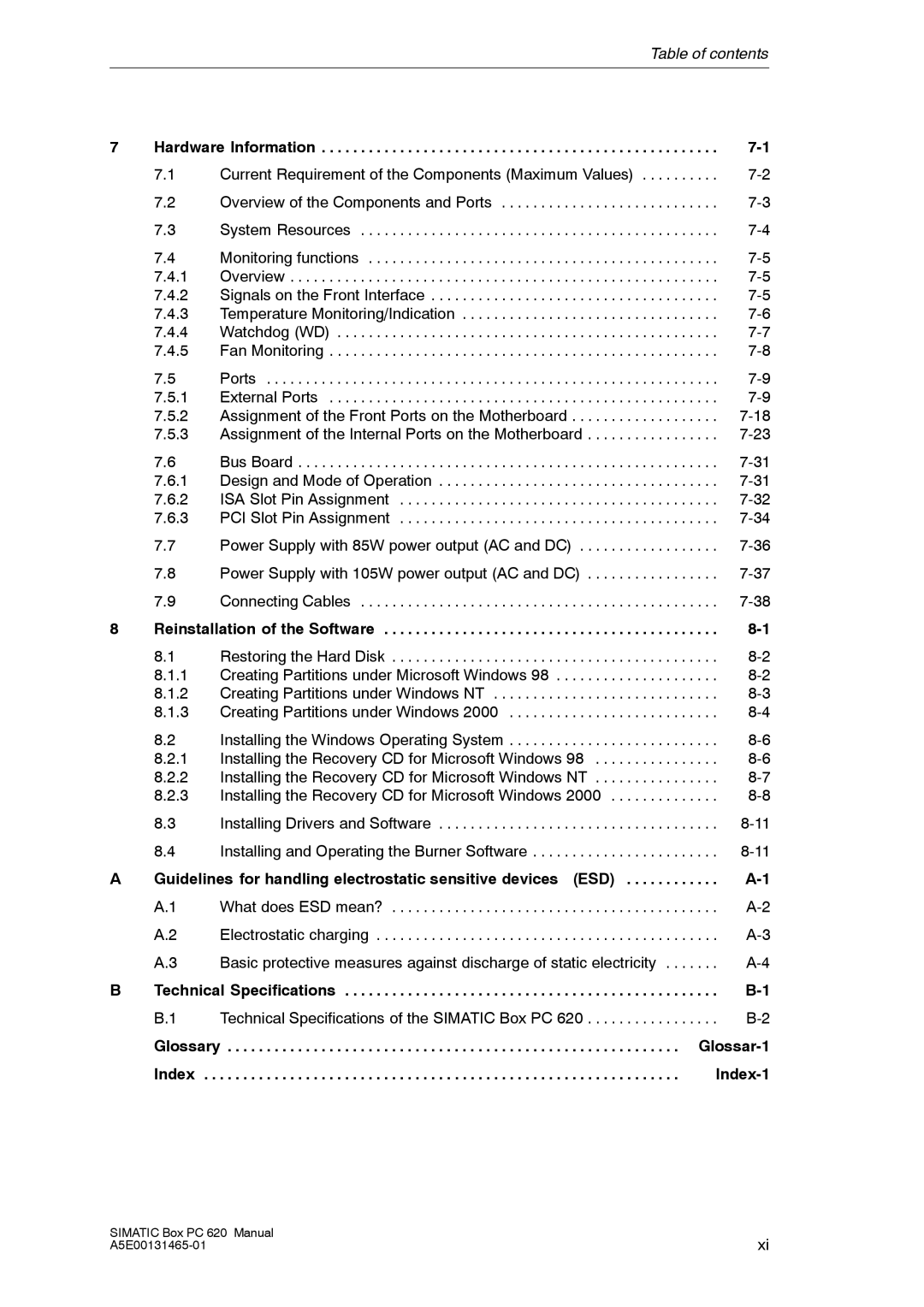 Siemens 620 appendix Current Requirement of the Components Maximum Values, Glossar-1, Index Index-1 