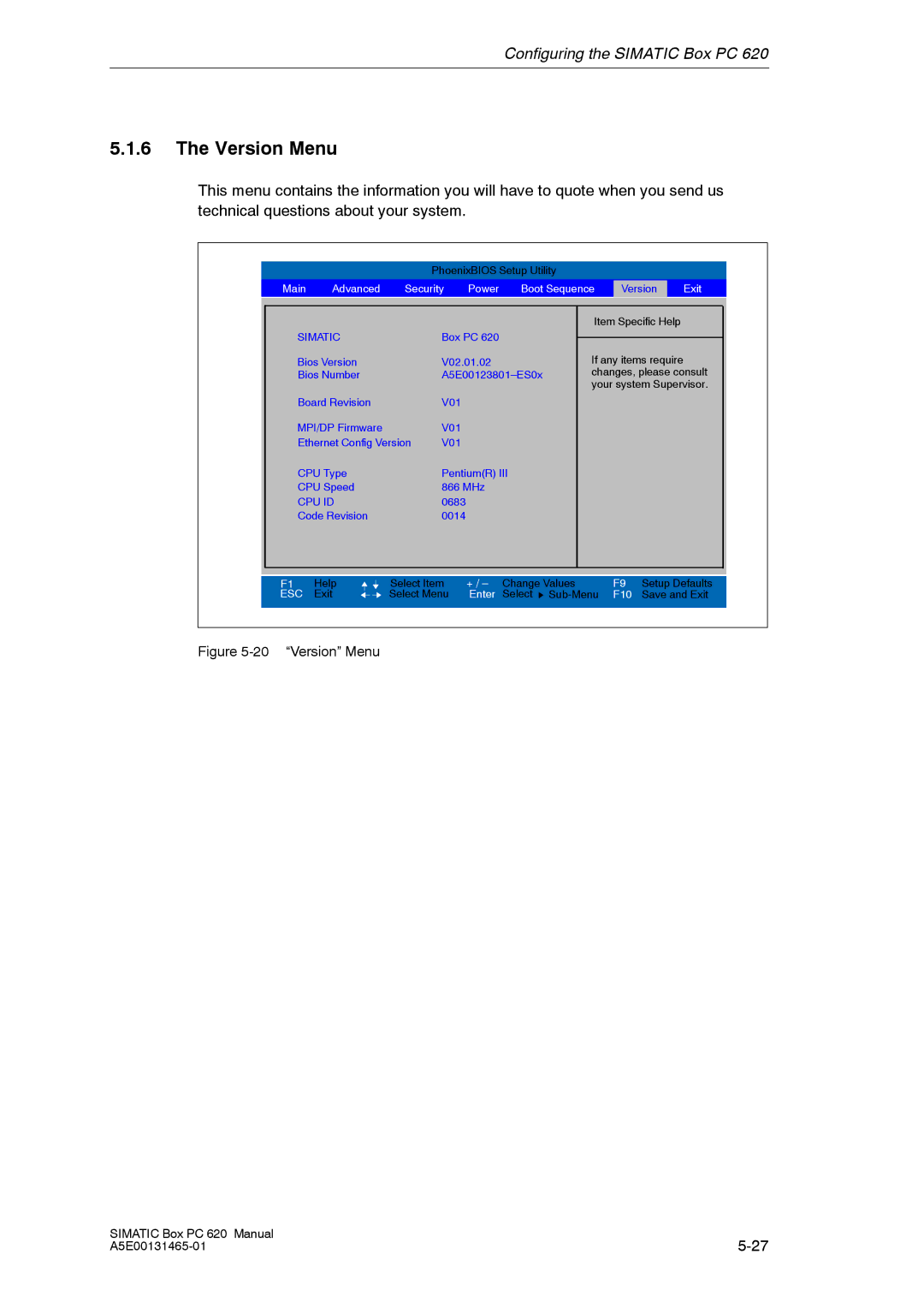 Siemens 620 appendix Version Menu, Simatic 