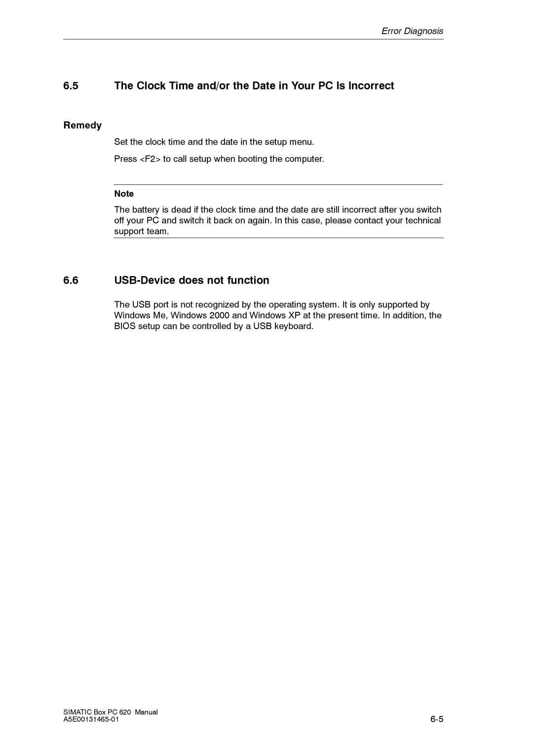 Siemens 620 appendix Clock Time and/or the Date in Your PC Is Incorrect, USB-Device does not function 