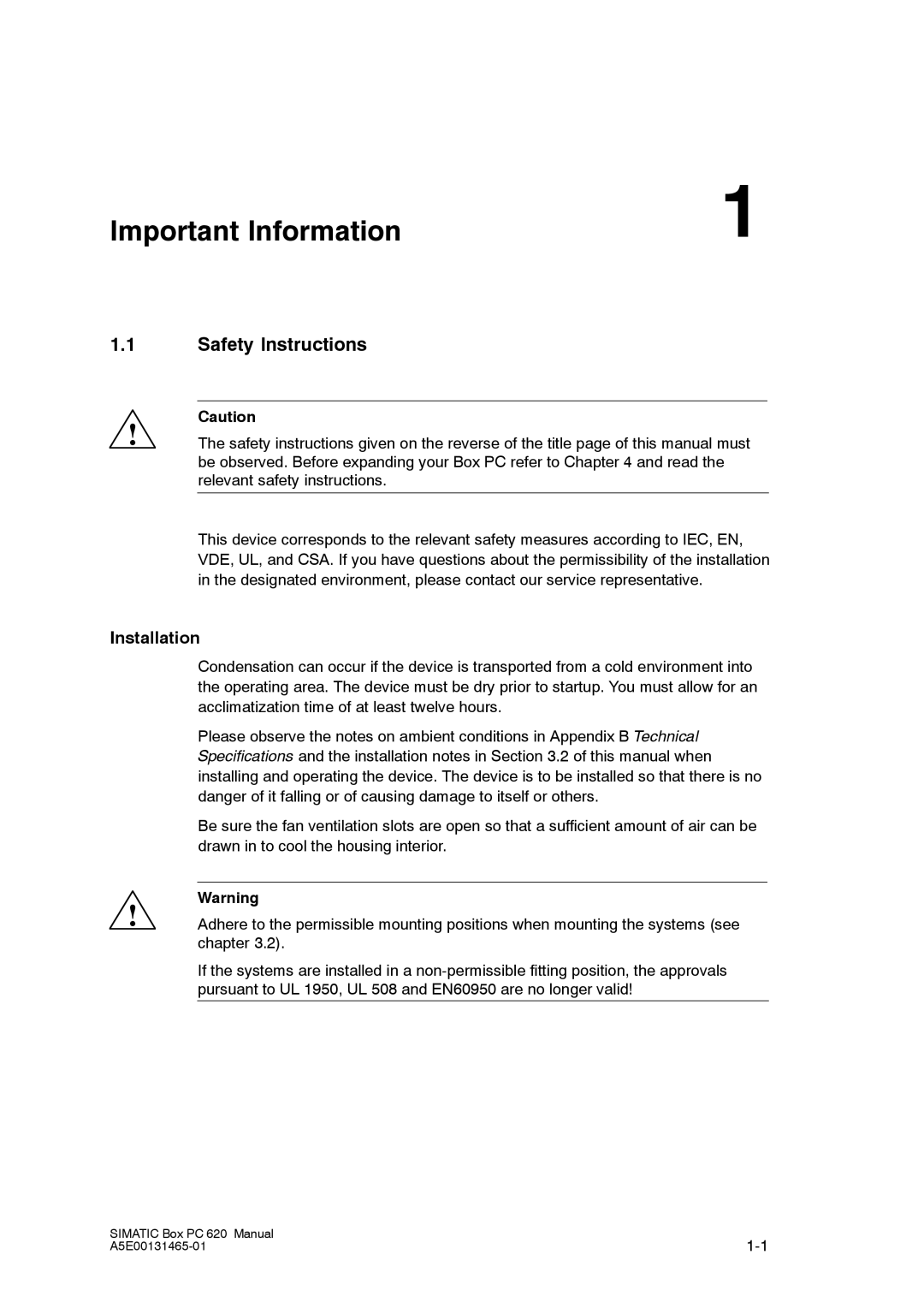 Siemens 620 appendix Important Information, Safety Instructions, Installation 