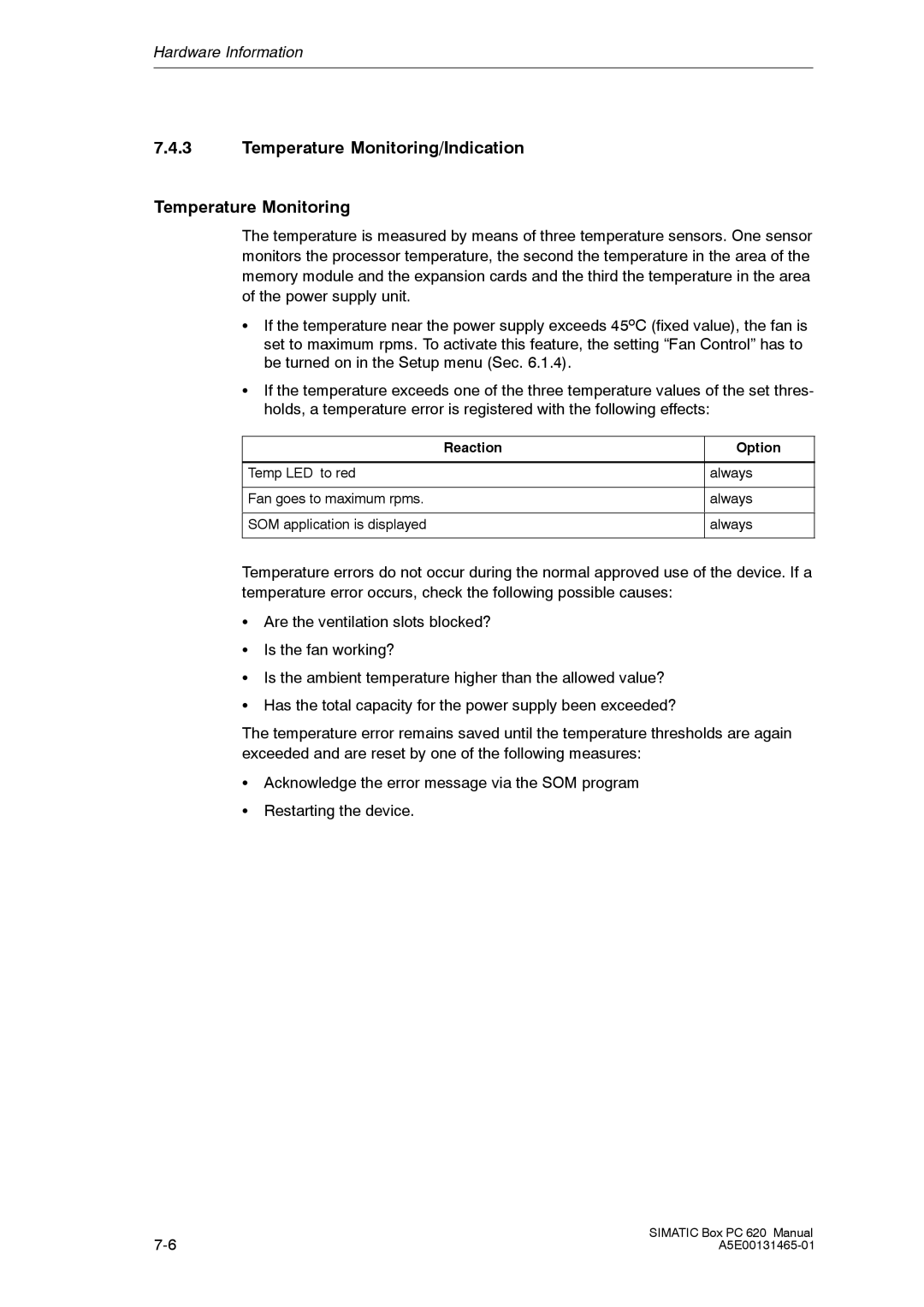 Siemens 620 appendix Temperature Monitoring/Indication, Reaction Option 