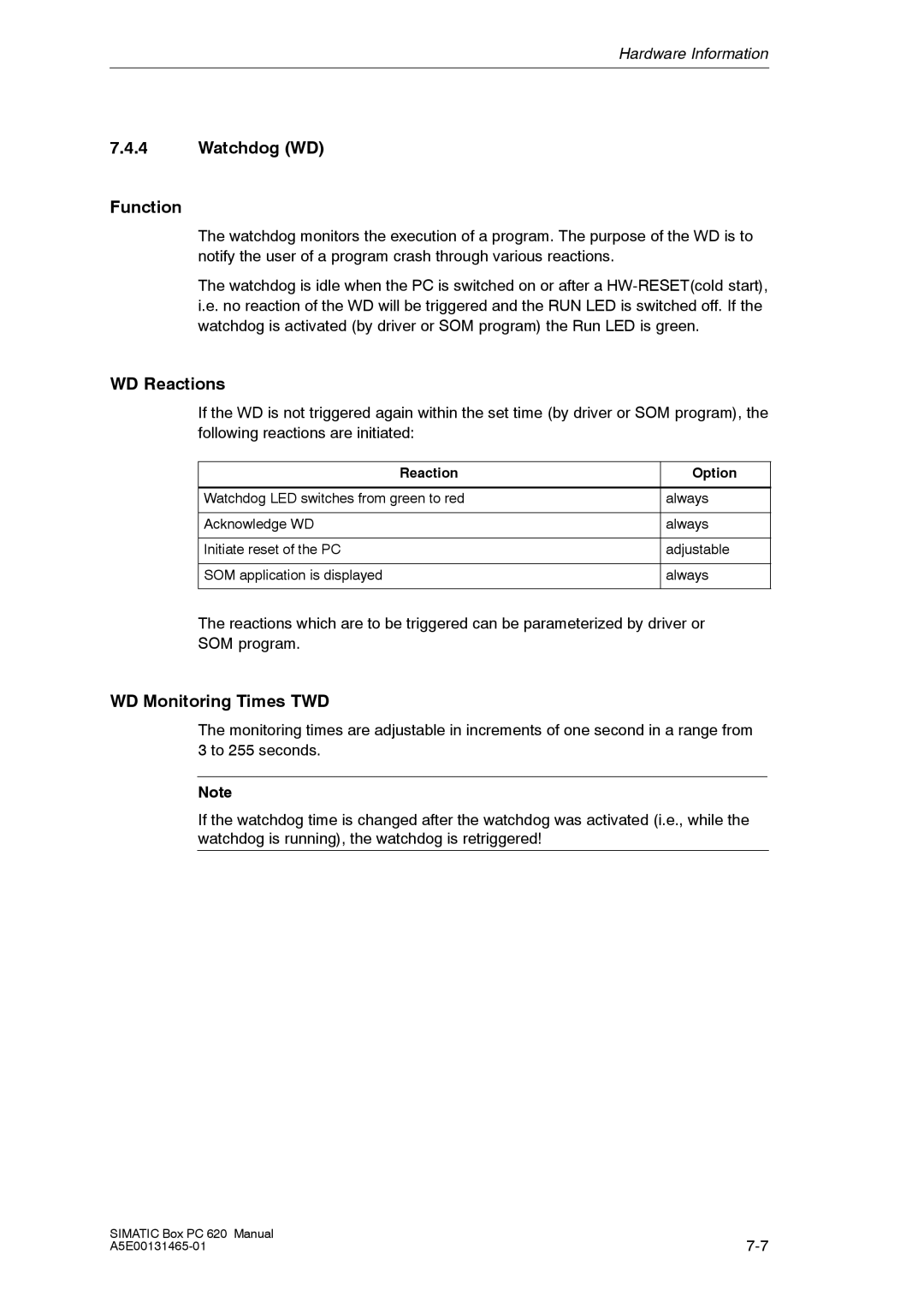 Siemens 620 appendix Watchdog WD Function, WD Reactions, WD Monitoring Times TWD 