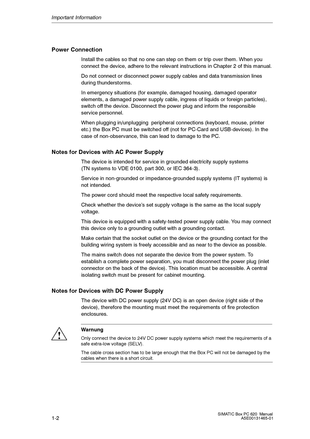 Siemens 620 appendix Power Connection, Warnung 