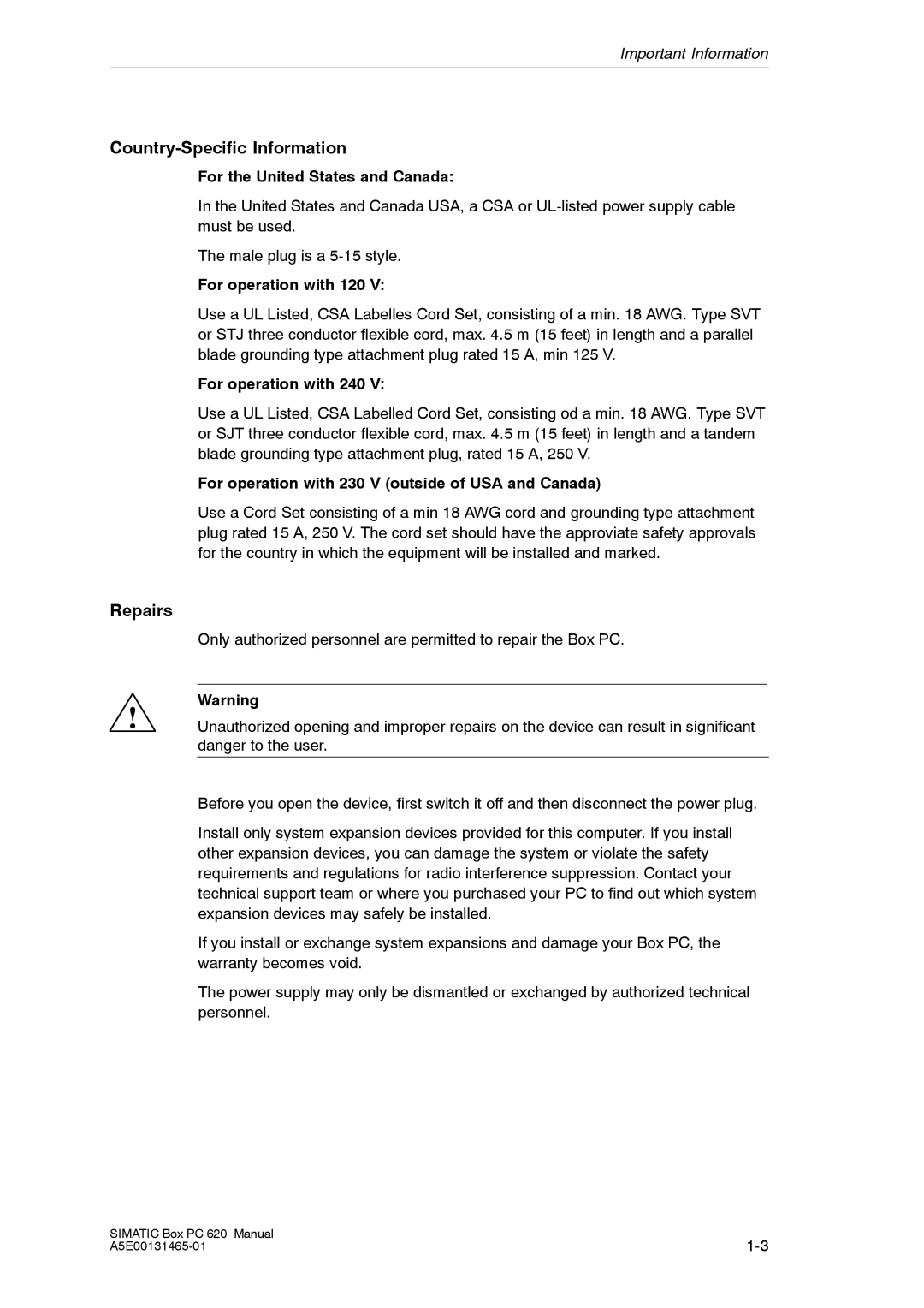 Siemens 620 appendix Country-Specific Information Repairs, For the United States and Canada, For operation with 120 