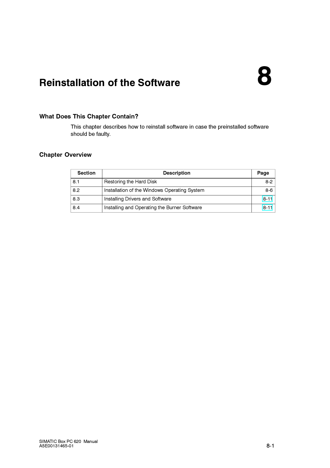 Siemens 620 appendix Reinstallation of the Software, Section Description 