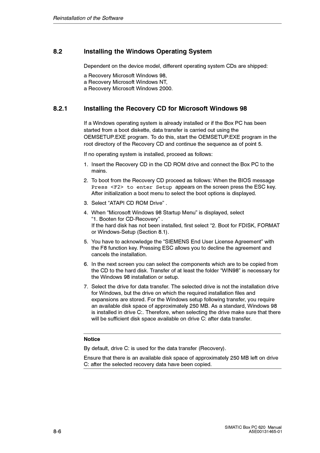 Siemens 620 appendix Installing the Windows Operating System, Installing the Recovery CD for Microsoft Windows 