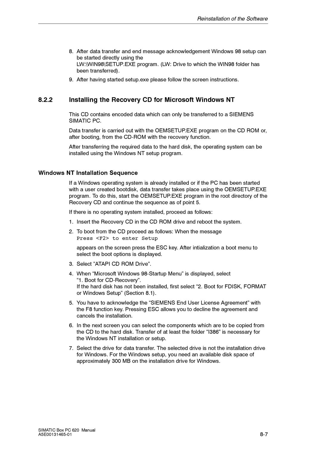 Siemens 620 appendix Installing the Recovery CD for Microsoft Windows NT, Windows NT Installation Sequence 