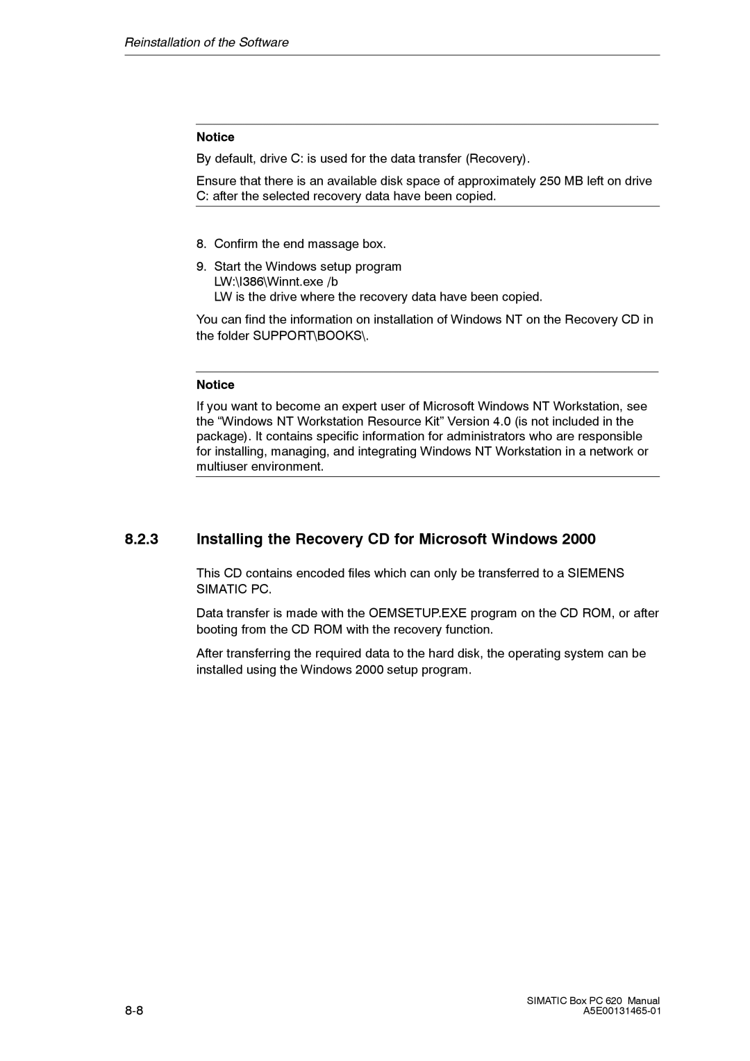 Siemens 620 appendix Installing the Recovery CD for Microsoft Windows 