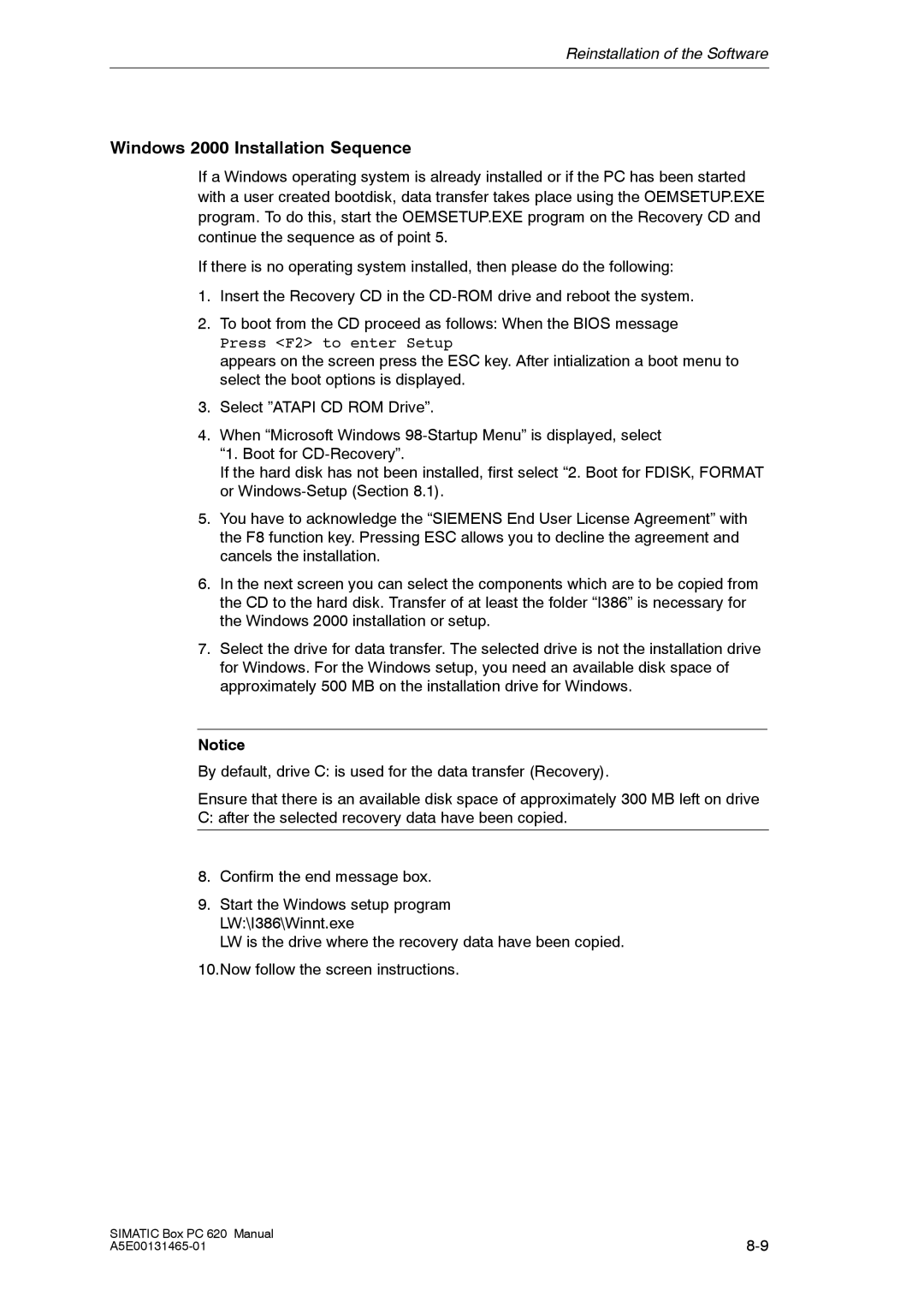 Siemens 620 appendix Windows 2000 Installation Sequence 