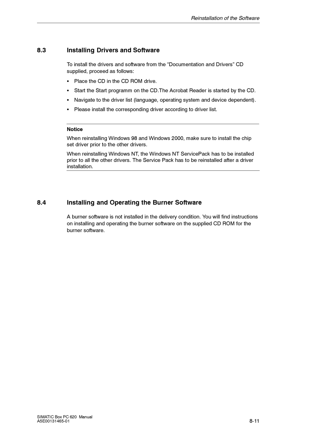 Siemens 620 appendix Installing Drivers and Software, Installing and Operating the Burner Software 