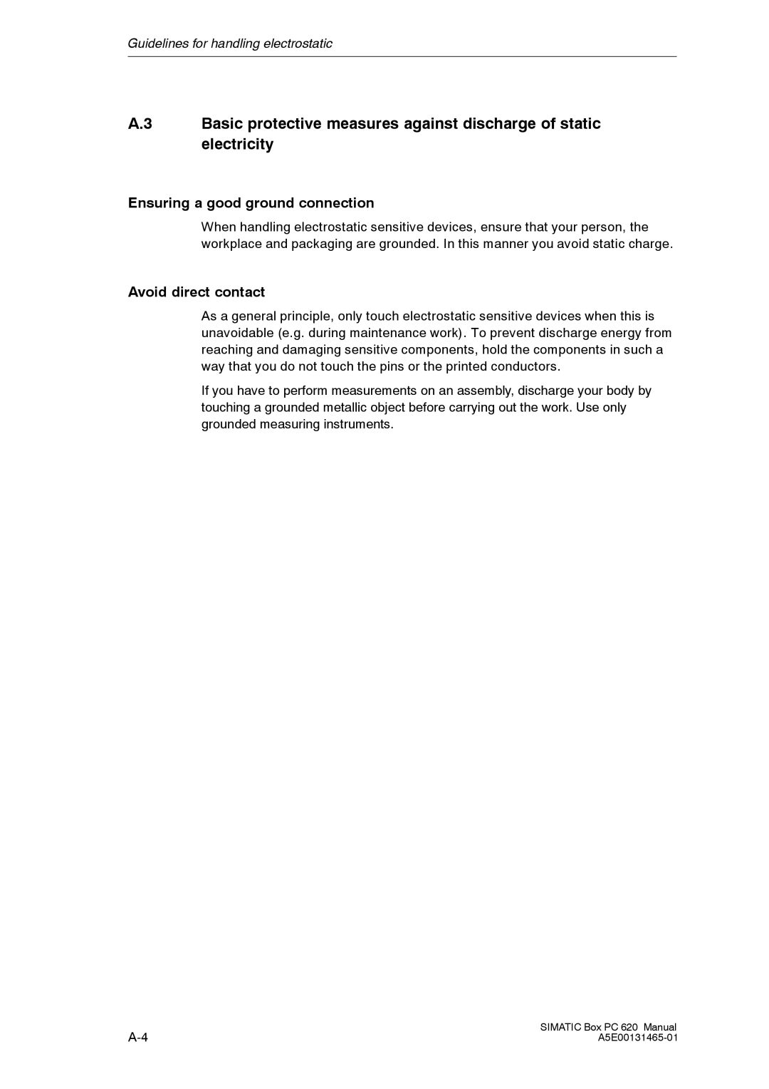 Siemens 620 appendix Ensuring a good ground connection, Avoid direct contact 