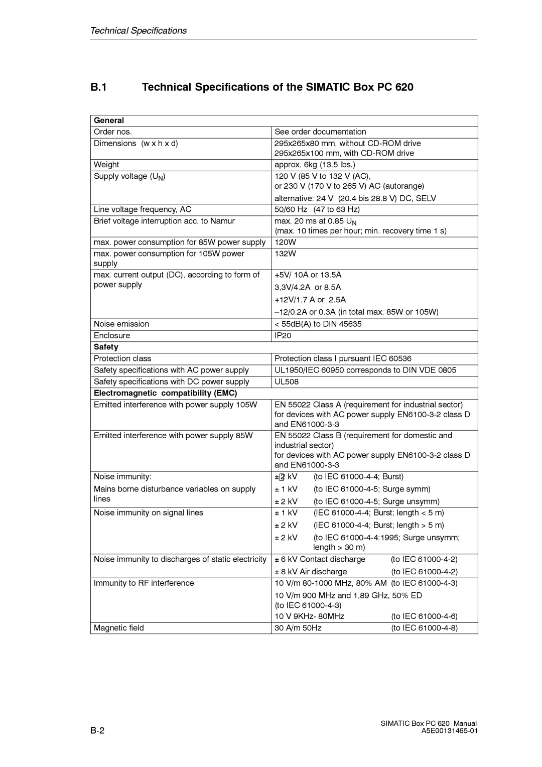 Siemens 620 appendix Technical Specifications of the Simatic Box PC, General, Safety, Electromagnetic compatibility EMC 