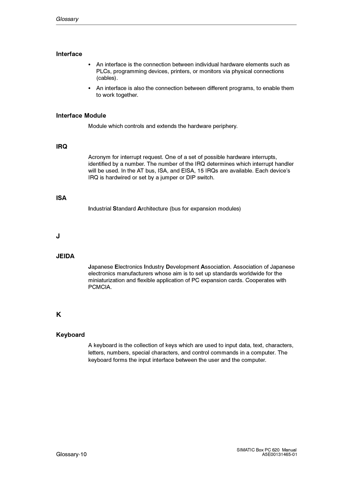 Siemens 620 appendix Interface, Irq, Isa, Jeida, Keyboard 