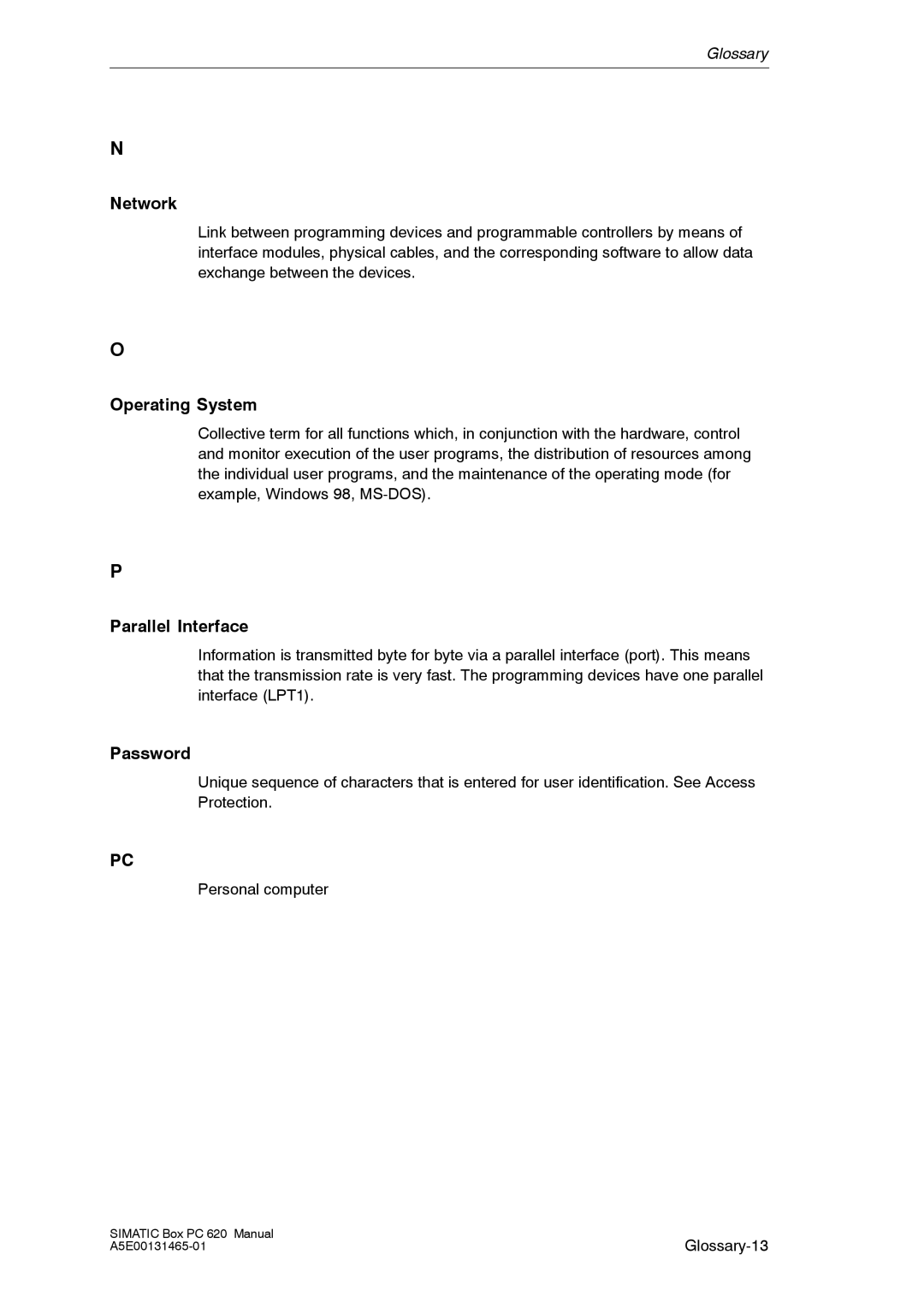 Siemens 620 appendix Network, Operating System, Parallel Interface, Password, Glossary-13 