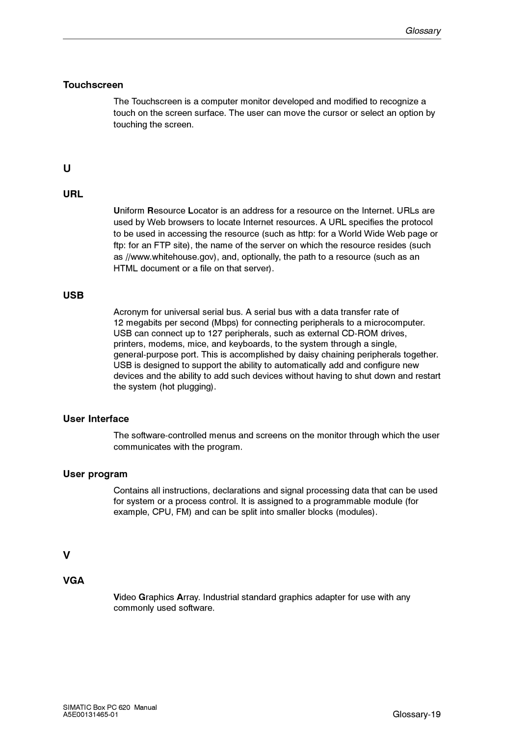 Siemens 620 appendix Touchscreen, Url Usb, User Interface, User program, Vga 