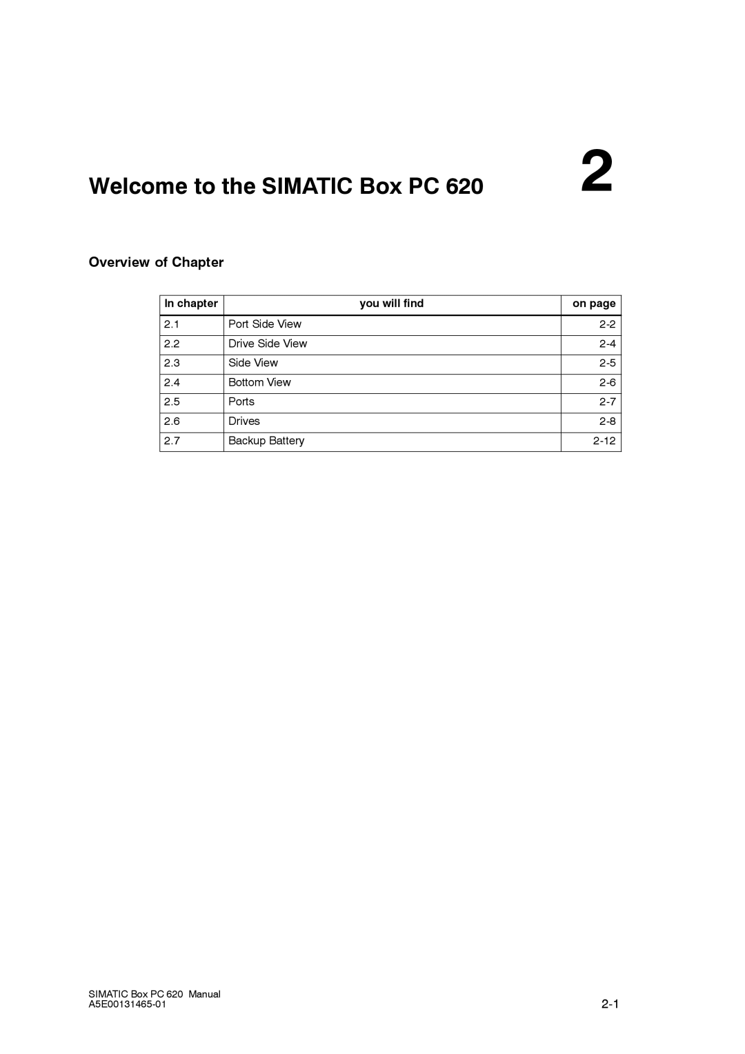 Siemens 620 appendix Welcome to the Simatic Box PC, Overview of Chapter, Chapter You will find 