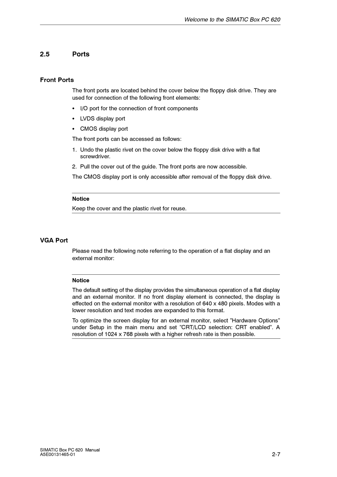 Siemens 620 appendix Front Ports, VGA Port 