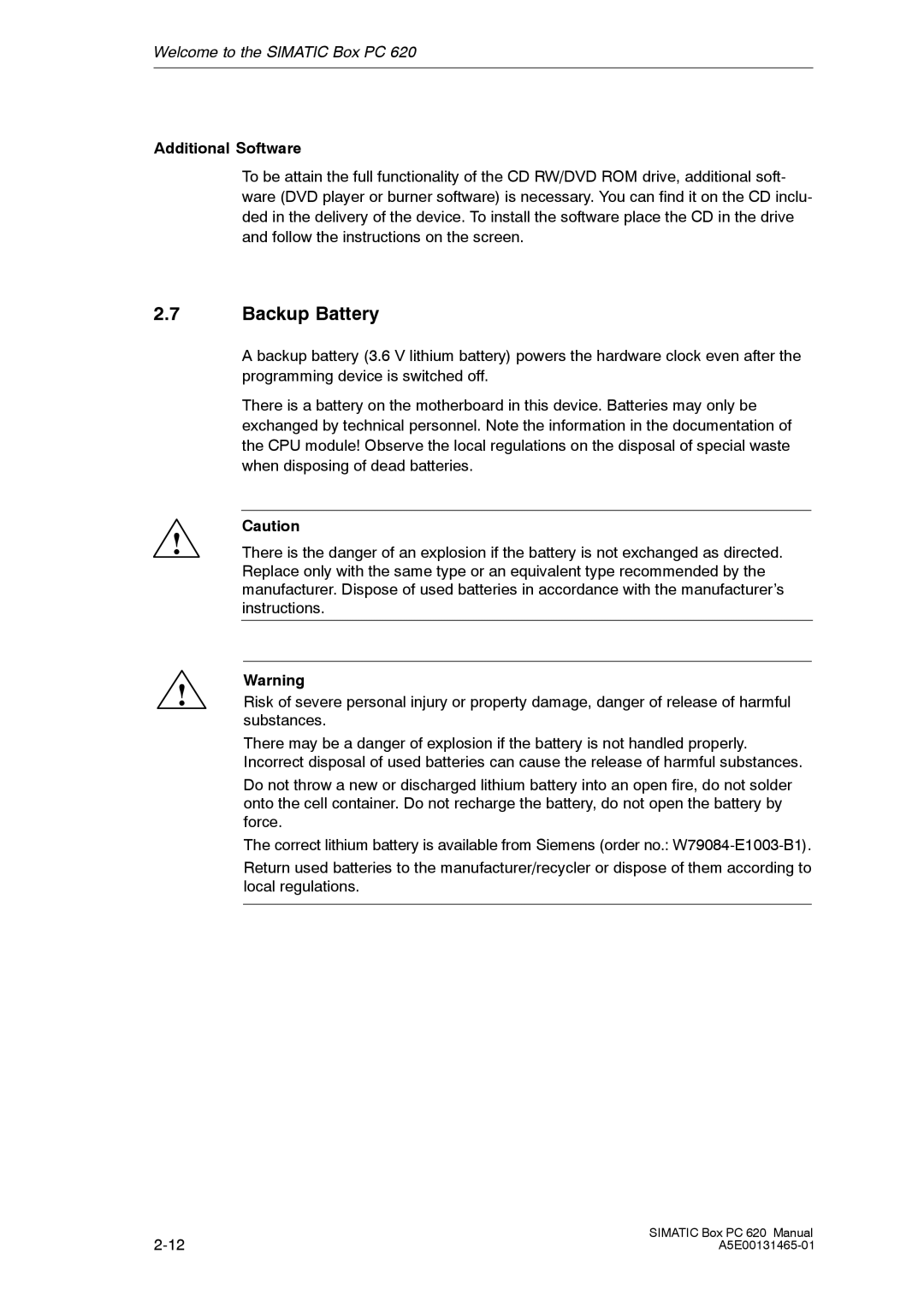 Siemens 620 appendix Backup Battery, Additional Software 