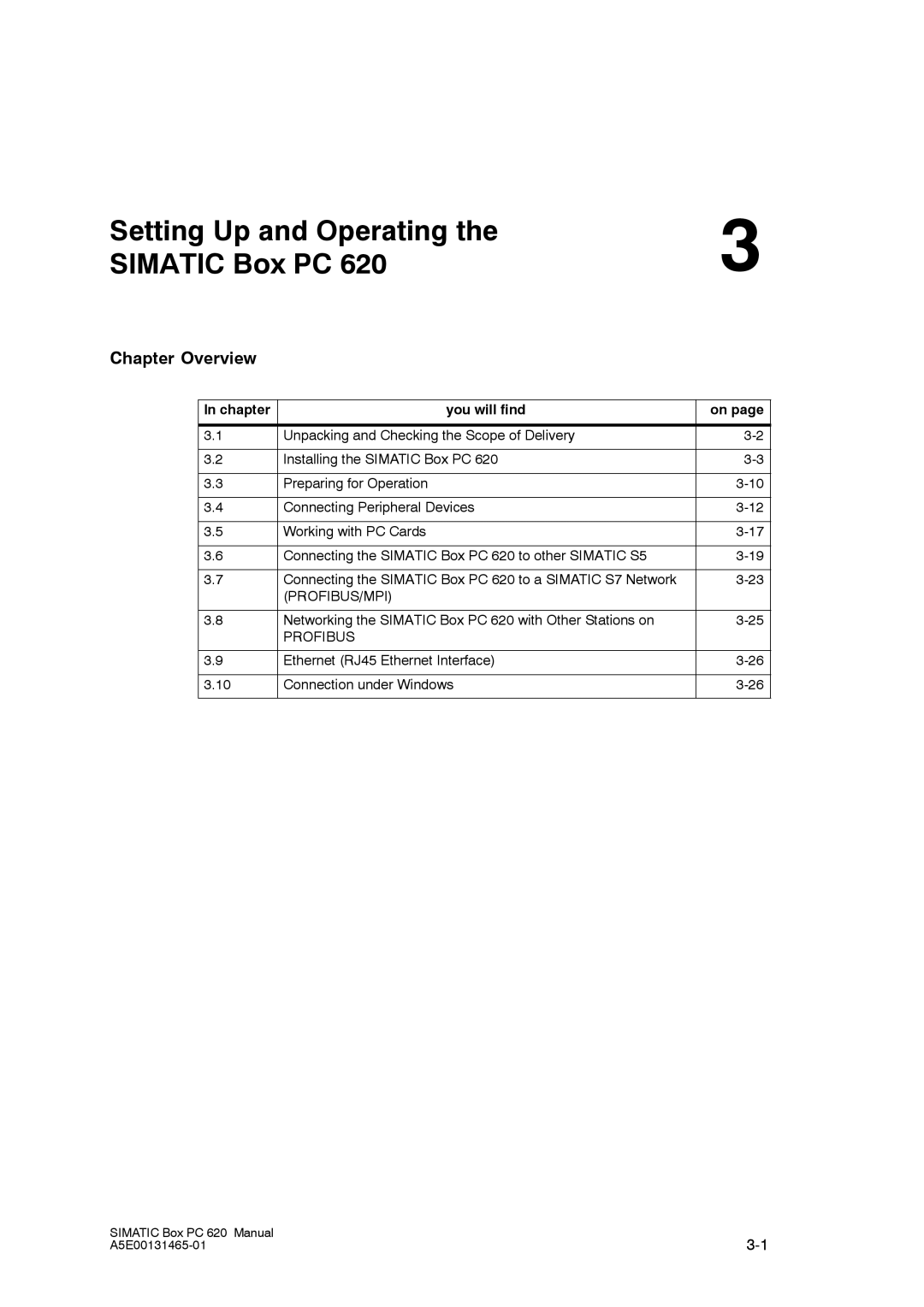 Siemens 620 appendix Setting Up and Operating Simatic Box PC, Chapter Overview, Profibus/Mpi 