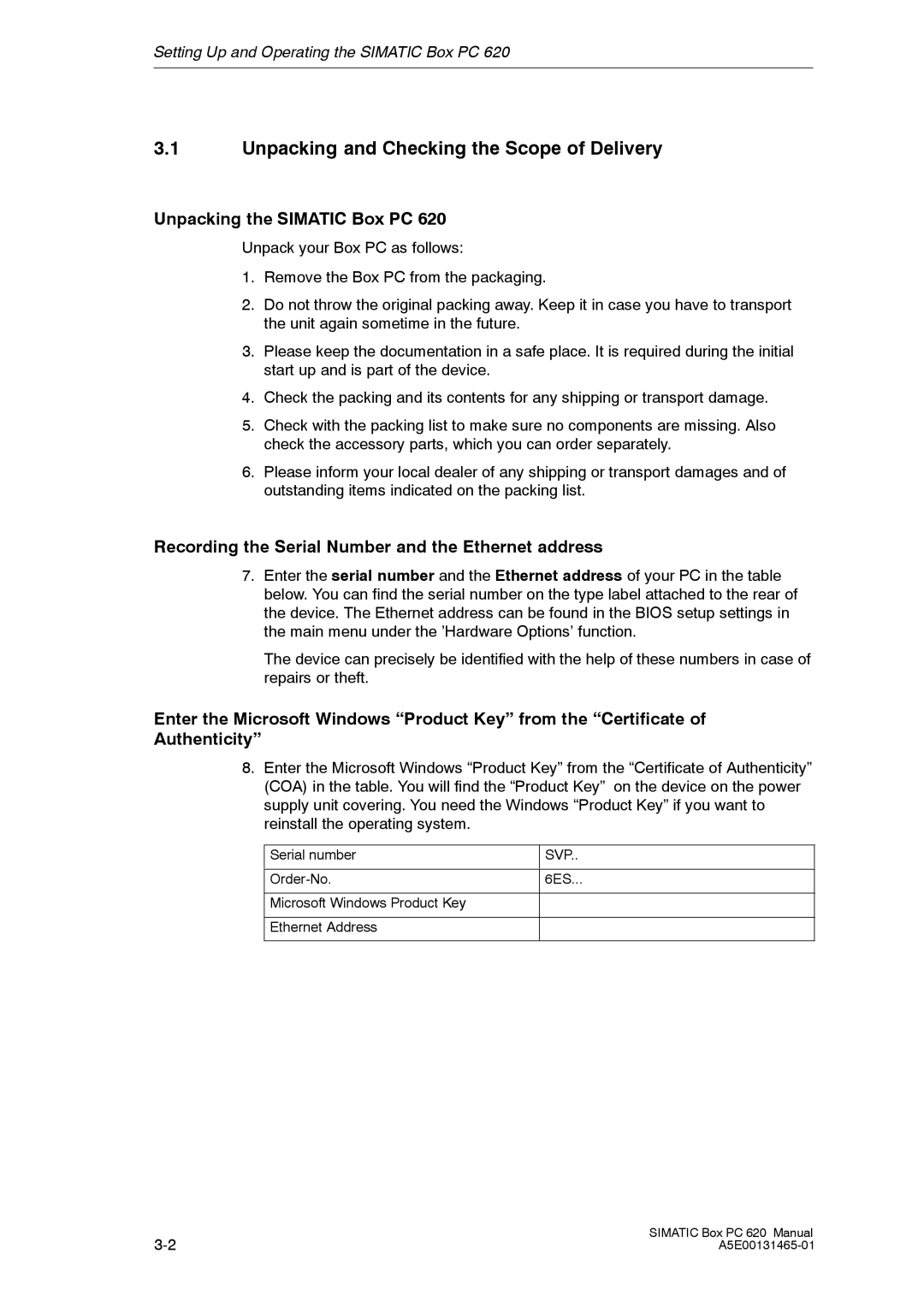 Siemens 620 appendix Unpacking and Checking the Scope of Delivery, Unpacking the Simatic Box PC, Svp 