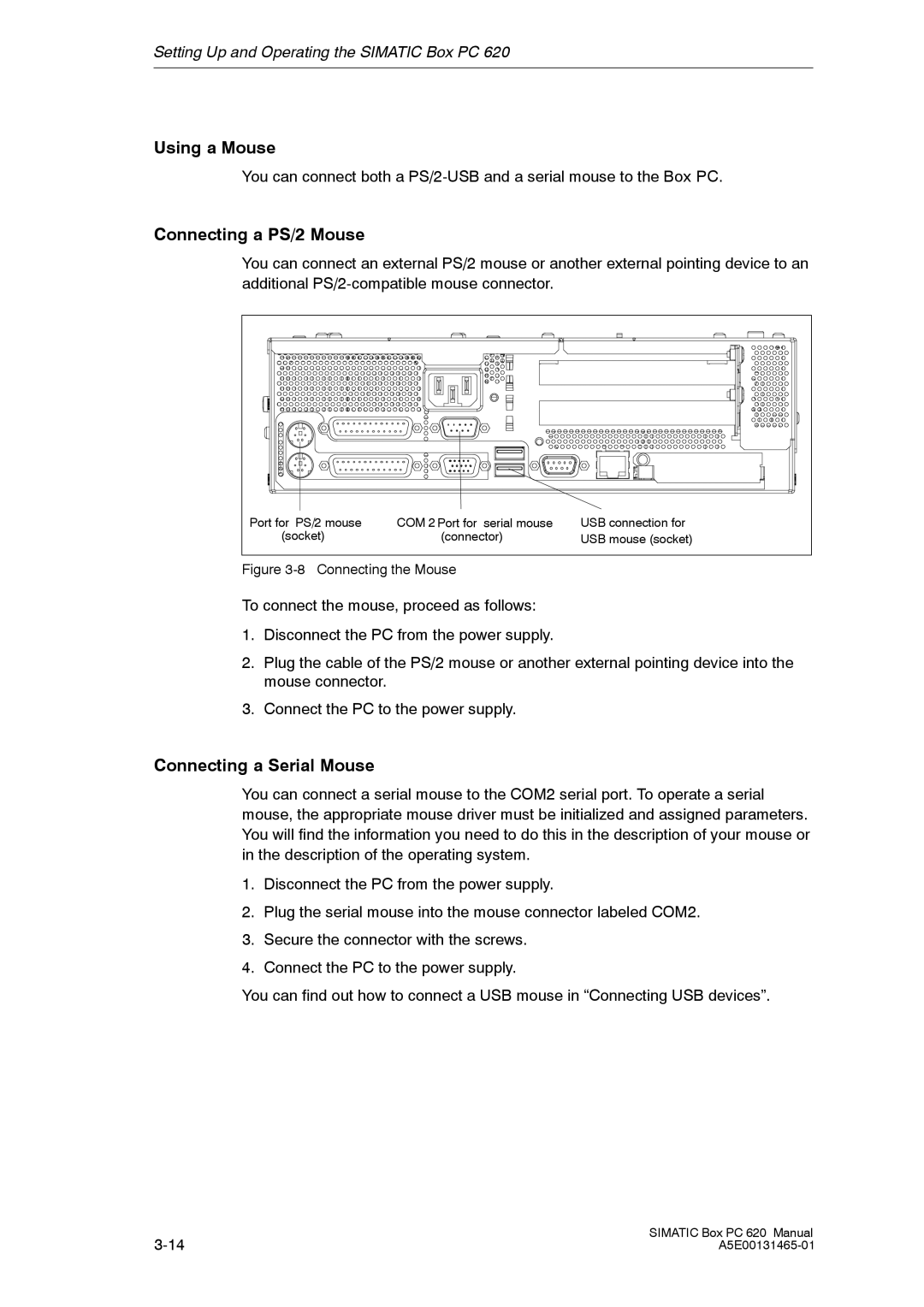 Siemens 620 appendix Using a Mouse, Connecting a PS/2 Mouse, Connecting a Serial Mouse 