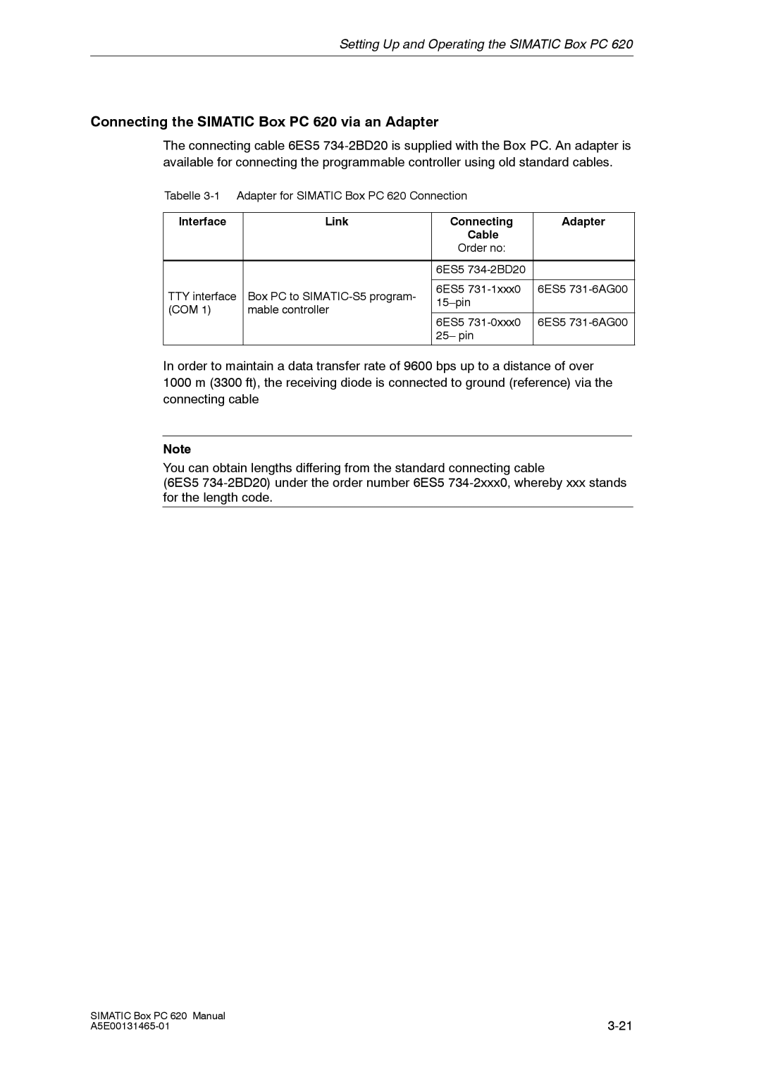 Siemens appendix Connecting the Simatic Box PC 620 via an Adapter, Interface Link Connecting Adapter Cable 