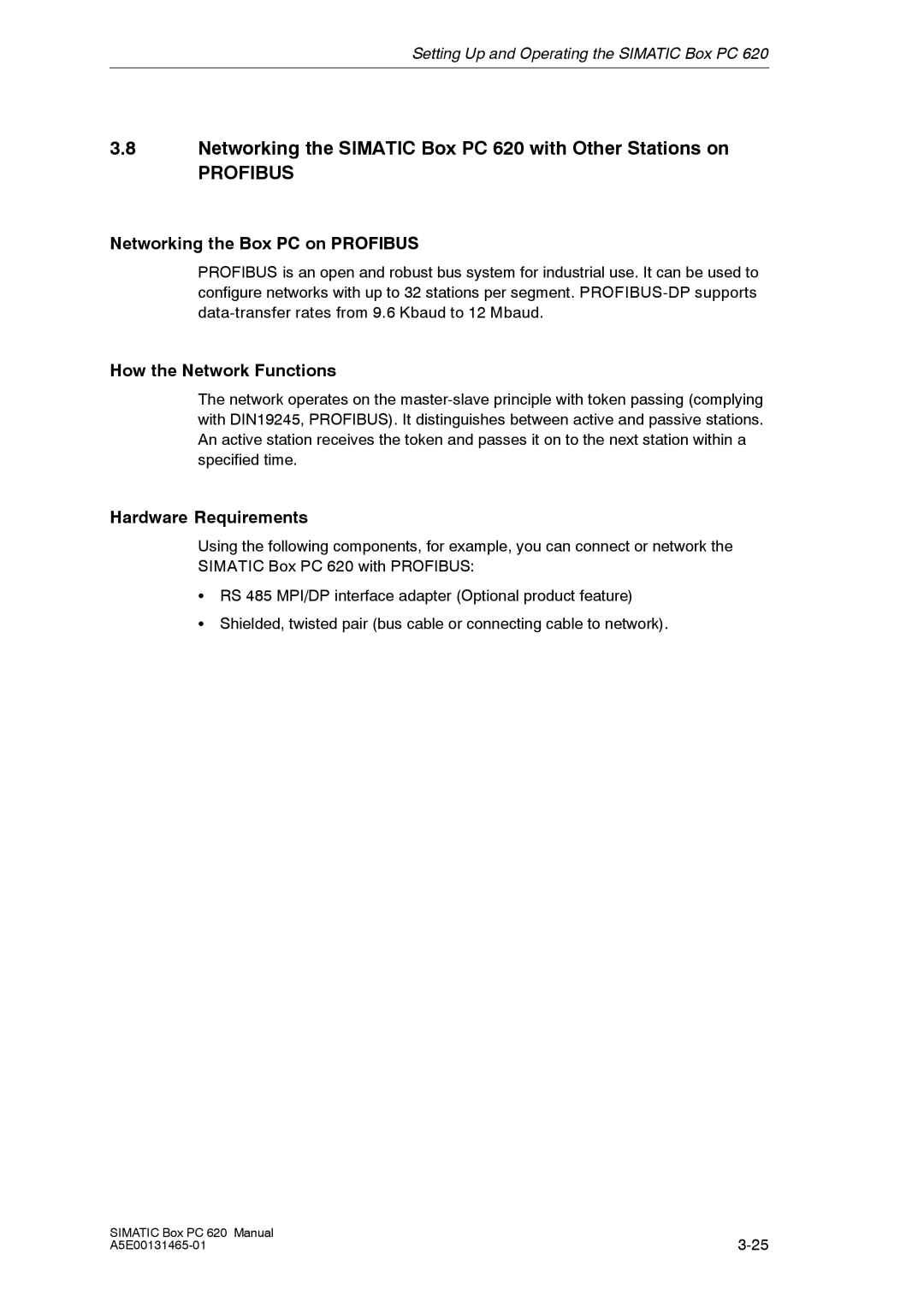 Siemens appendix Networking the Simatic Box PC 620 with Other Stations on, Networking the Box PC on Profibus 