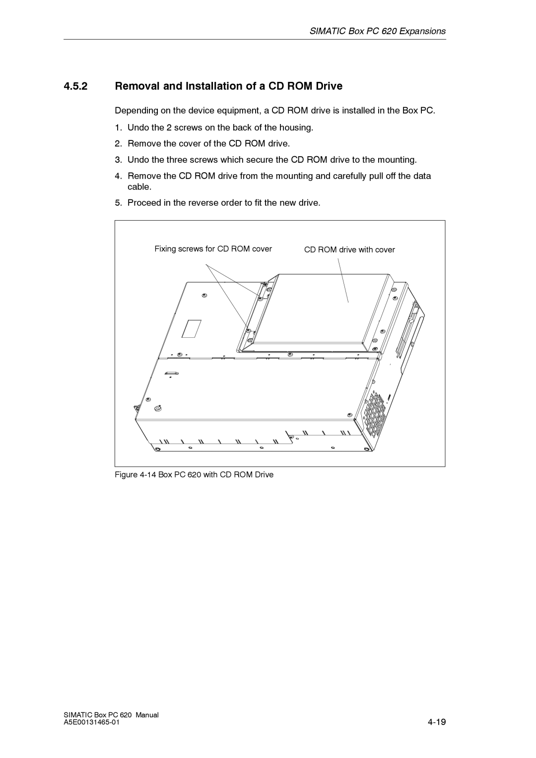 Siemens appendix Removal and Installation of a CD ROM Drive, Box PC 620 with CD ROM Drive 