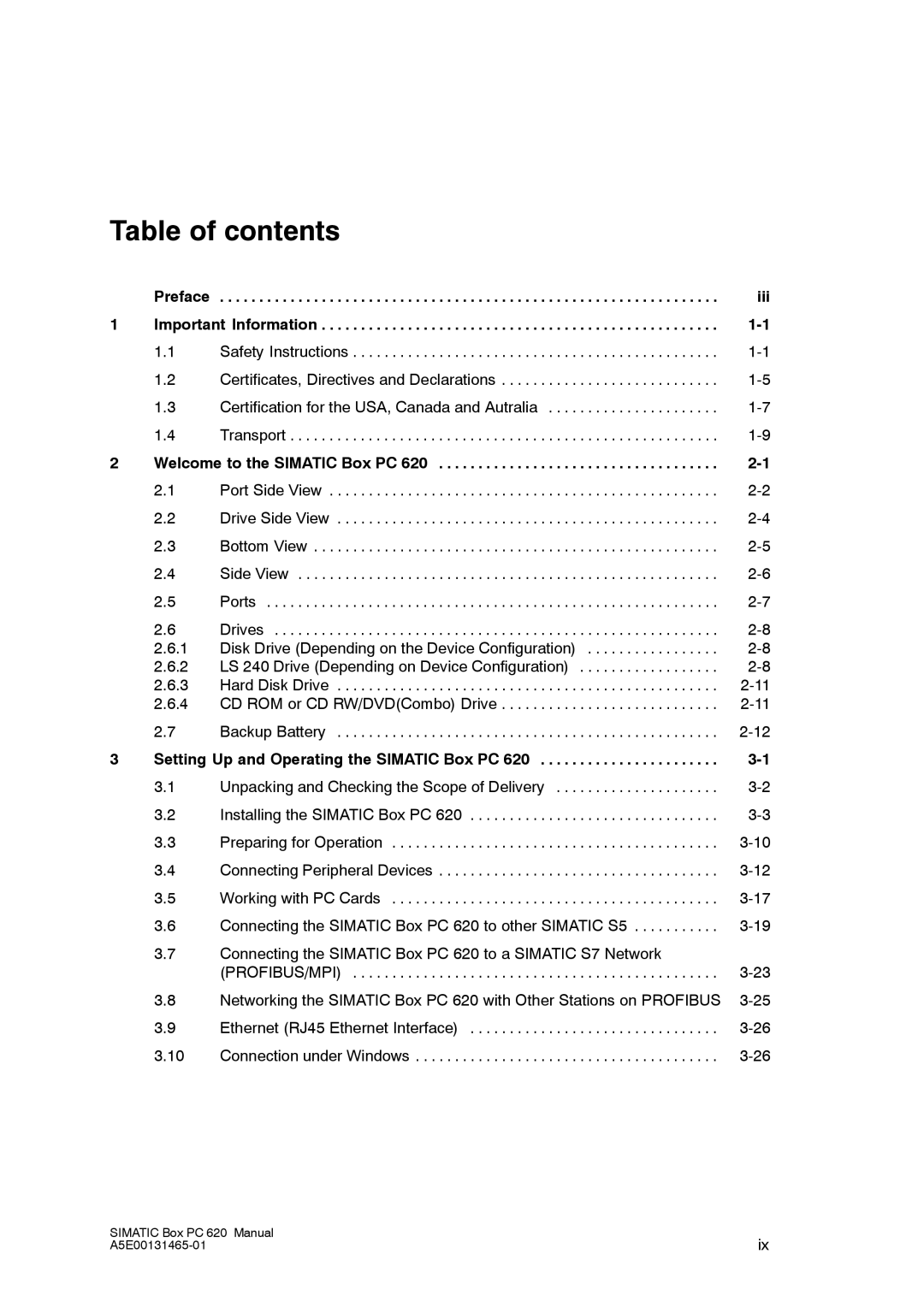 Siemens 620 appendix Table of contents 