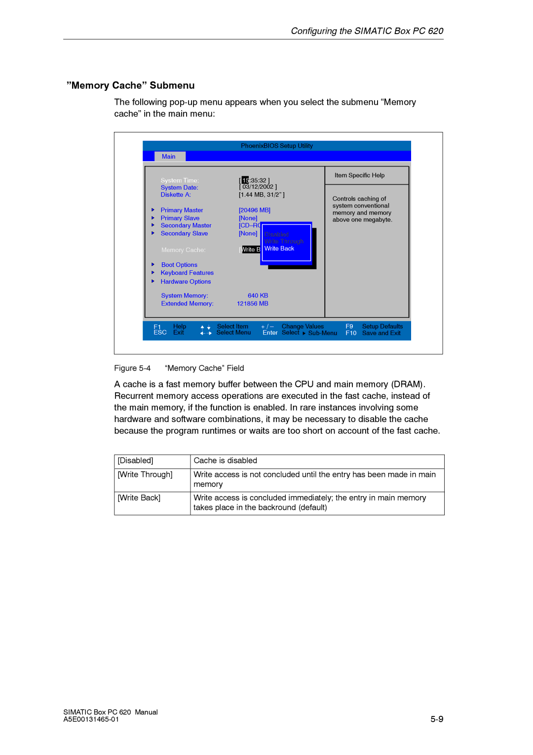 Siemens 620 appendix Memory Cache Submenu, Write Back 