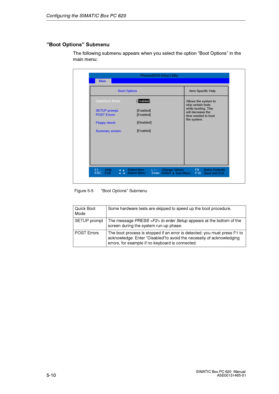 Siemens 620 appendix Boot Options Submenu, QuickBoot Mode Enabled 