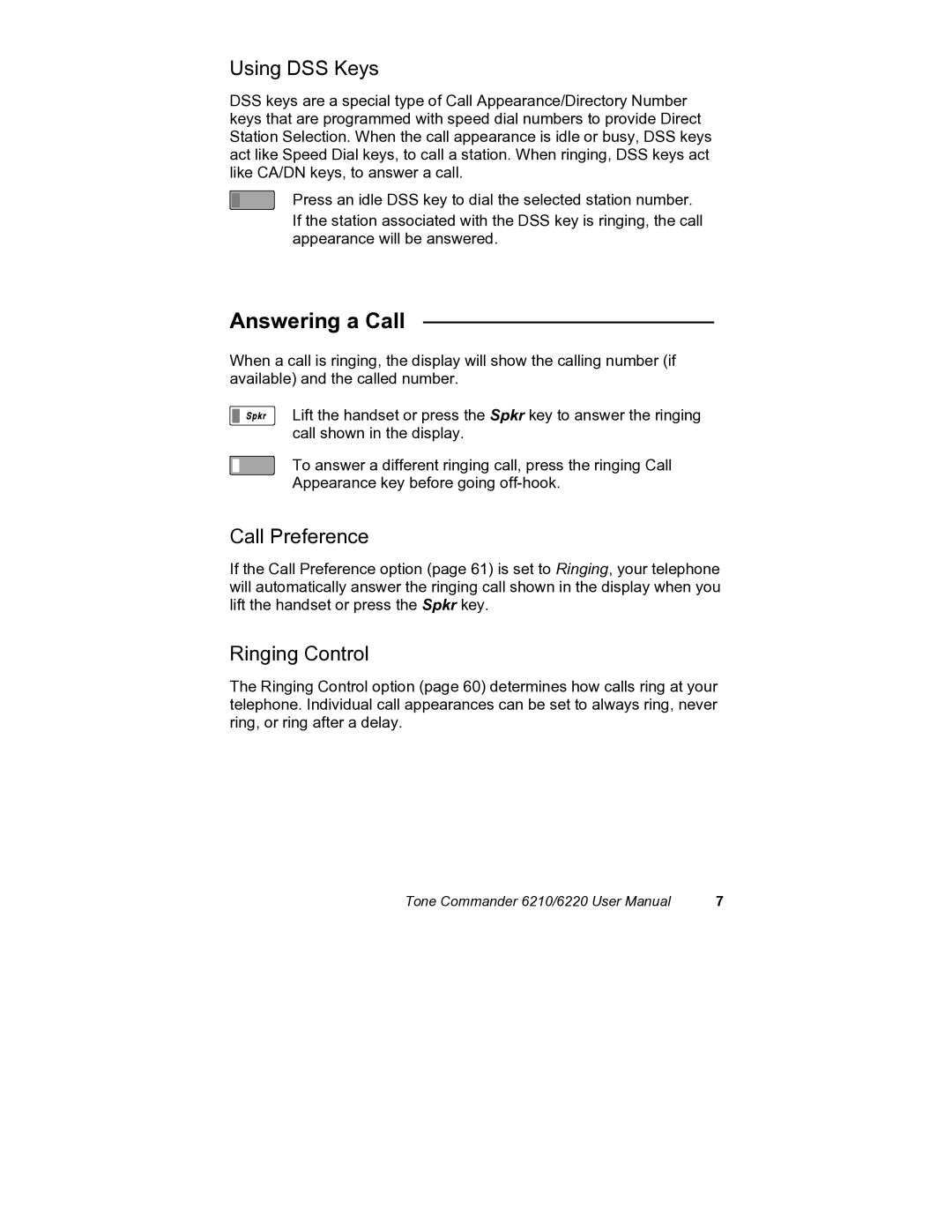 Siemens 6210, 6220 user manual Answering a Call, Using DSS Keys, Call Preference, Ringing Control 