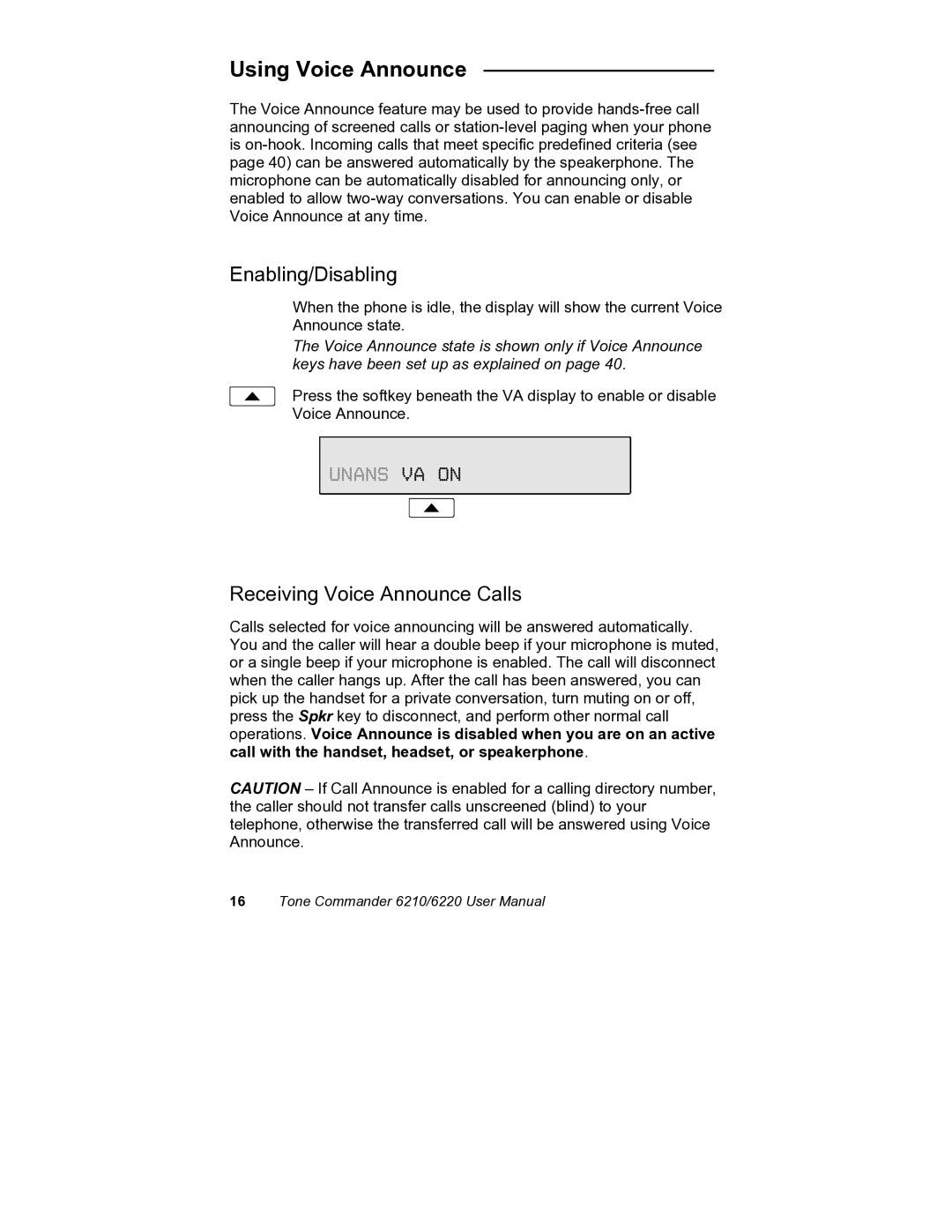 Siemens 6220, 6210 user manual Using Voice Announce, Enabling/Disabling, Receiving Voice Announce Calls 