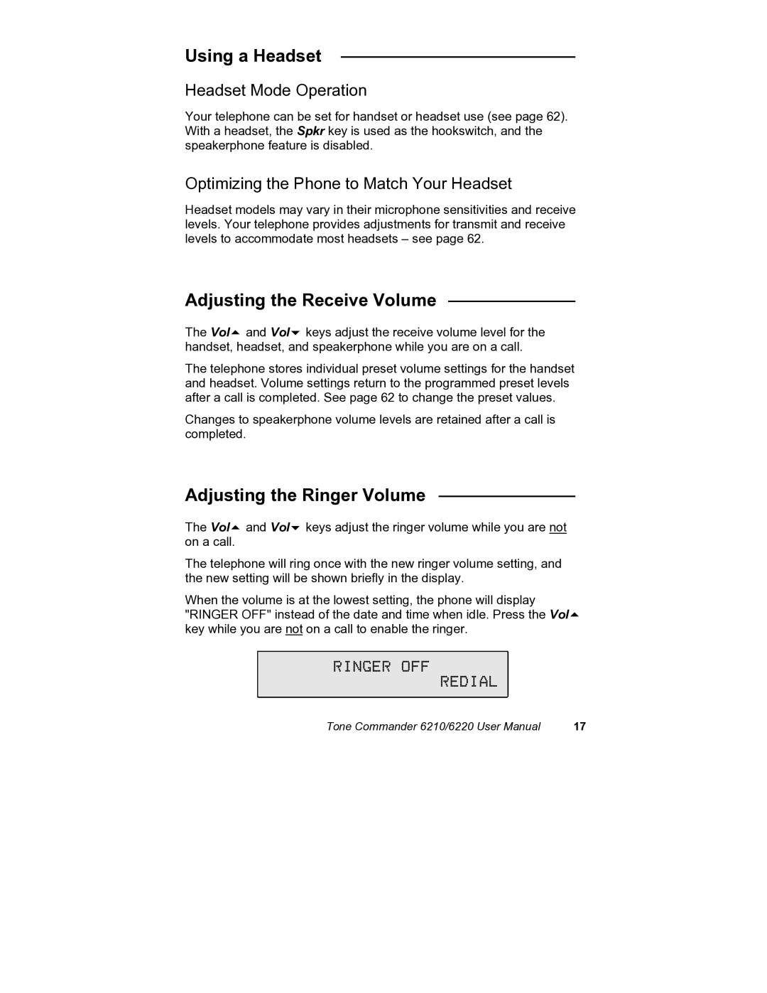 Siemens 6210, 6220 Using a Headset, Adjusting the Receive Volume, Adjusting the Ringer Volume, Headset Mode Operation 