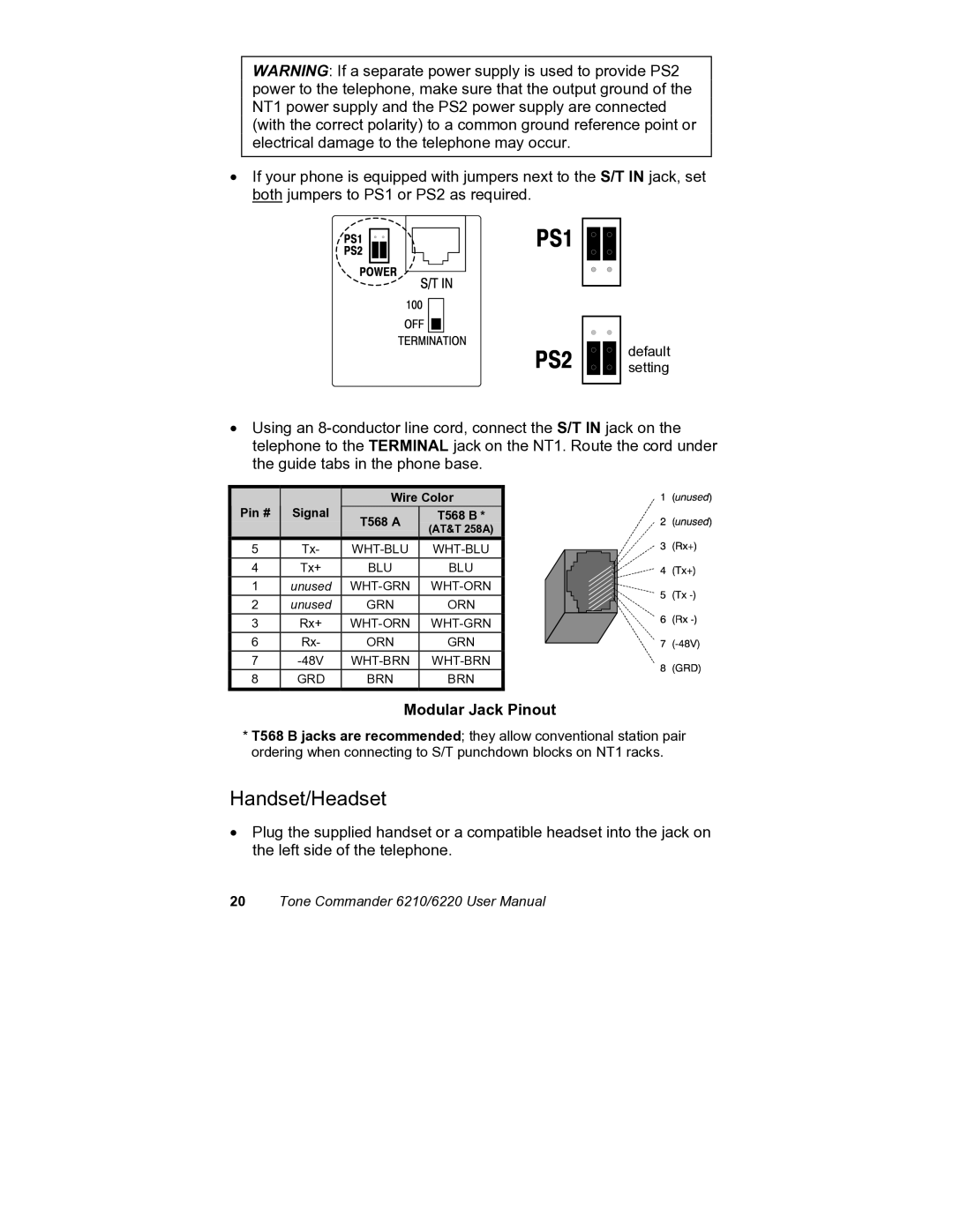 Siemens 6220, 6210 user manual Handset/Headset, Pin # Signal Wire Color 