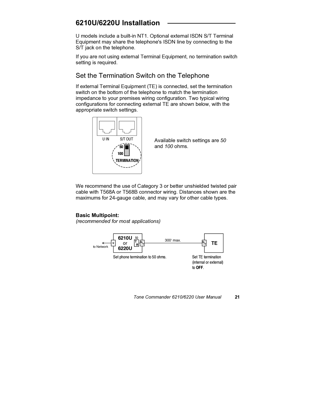 Siemens user manual 6210U/6220U Installation, Set the Termination Switch on the Telephone 