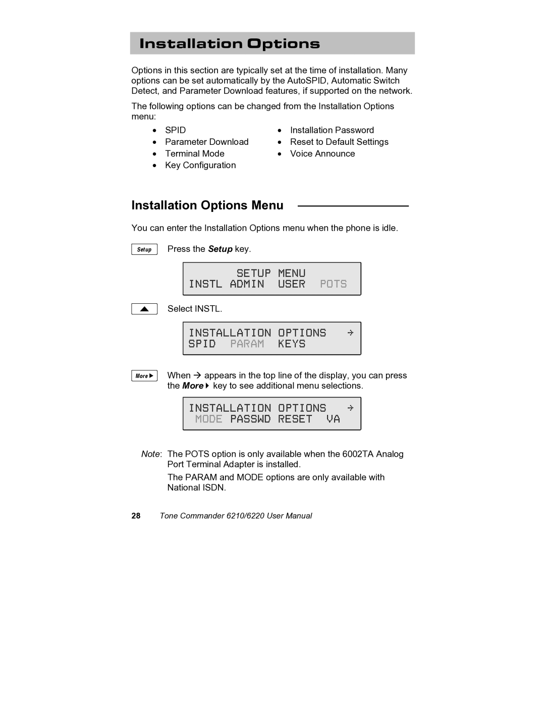 Siemens 6220, 6210 Installation Options Menu, Setup Menu Instl Admin User Pots, Installation Options \ Spid Param Keys 